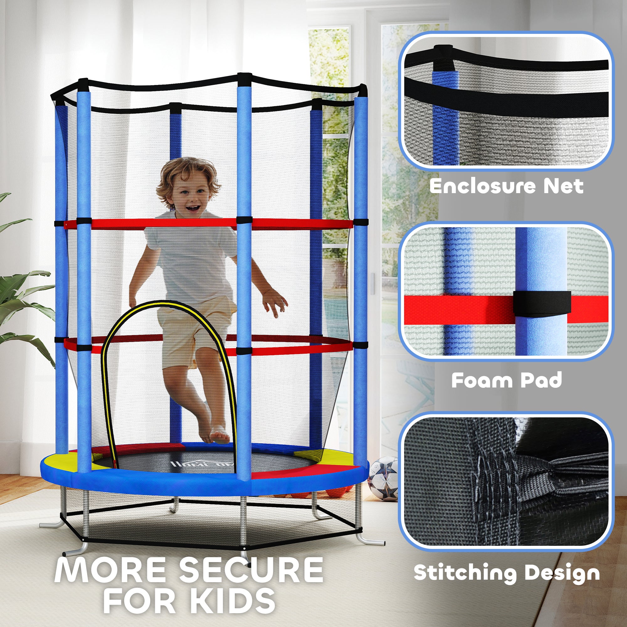HOMCOM Kids Trampoline, with Enclosure Net, Steel Frame, for Ages 3-6 Years - MultiColoured - North Peak Garden Furniture