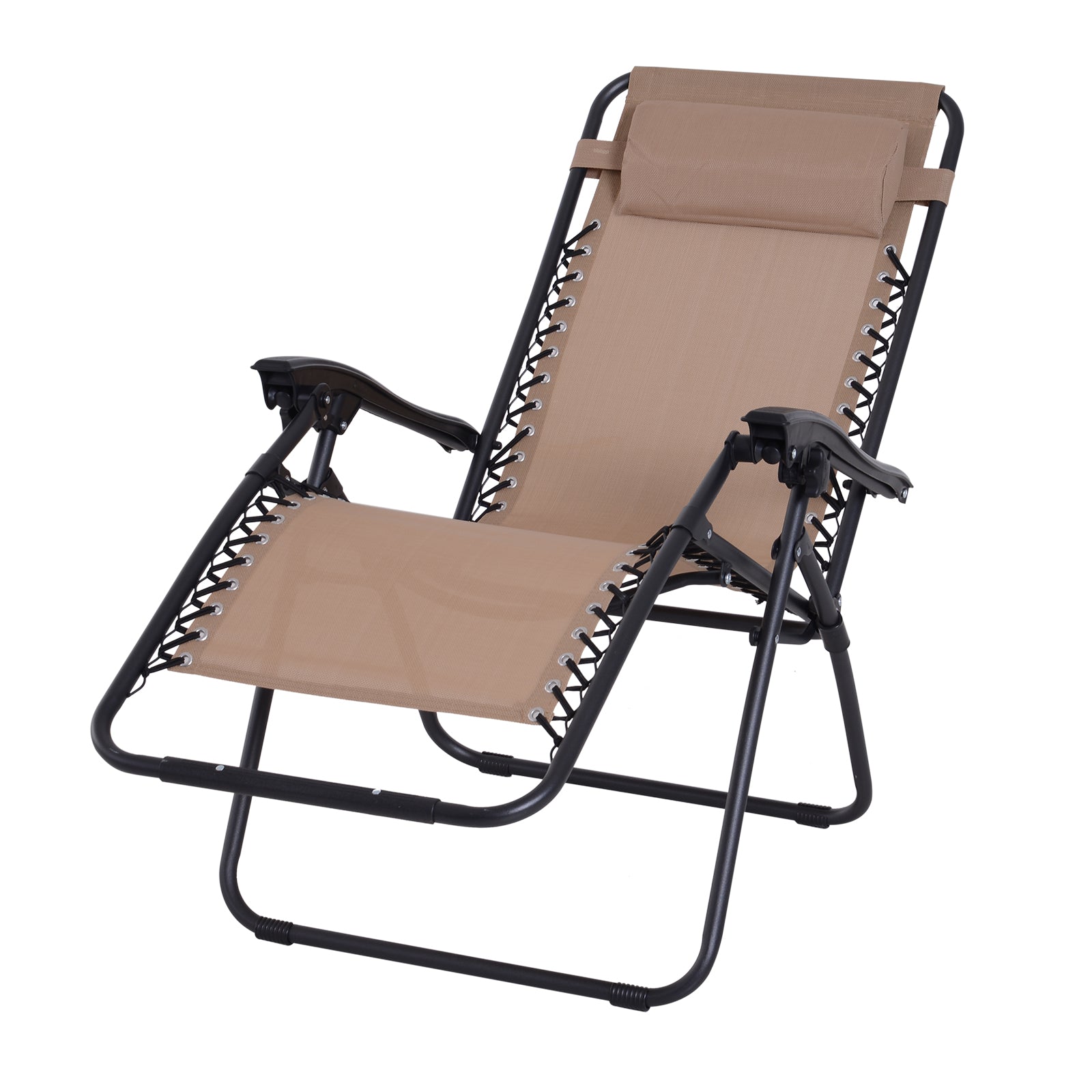 Outsunny Zero Gravity Chair Metal Frame Texteline Armchair Outdoor Folding and Reclining Sun Lounger with Head Pillow for Patio Decking Gardens Camping, Beige