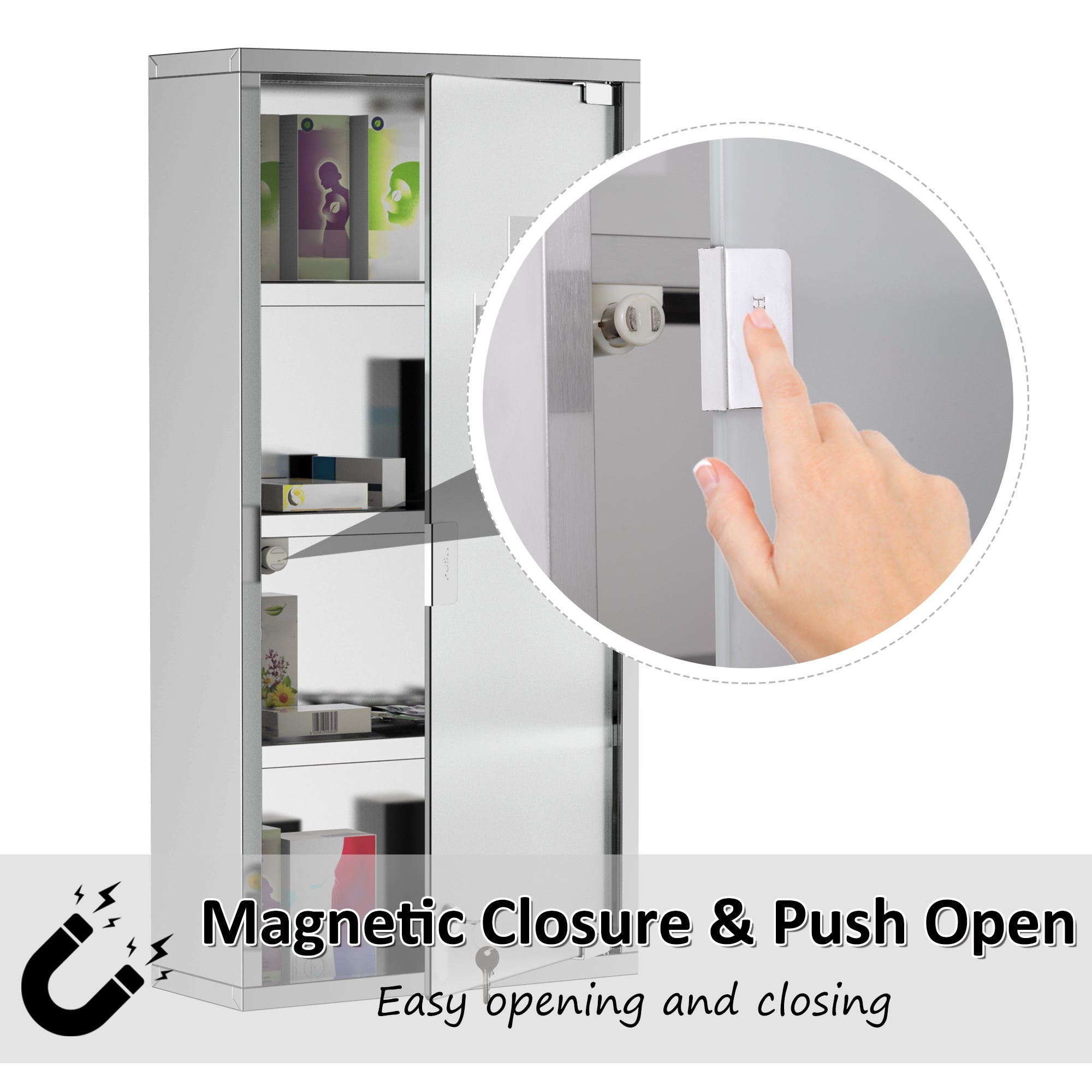 HOMCOM 4 Tier Stainless Steel Wall Mounted Medicine Cabinet Glass Lockable Door Storage Shelves Houseware Bathroom Furniture 60Hx30Wx12D(cm) w/2 Keys - North Peak Garden Furniture