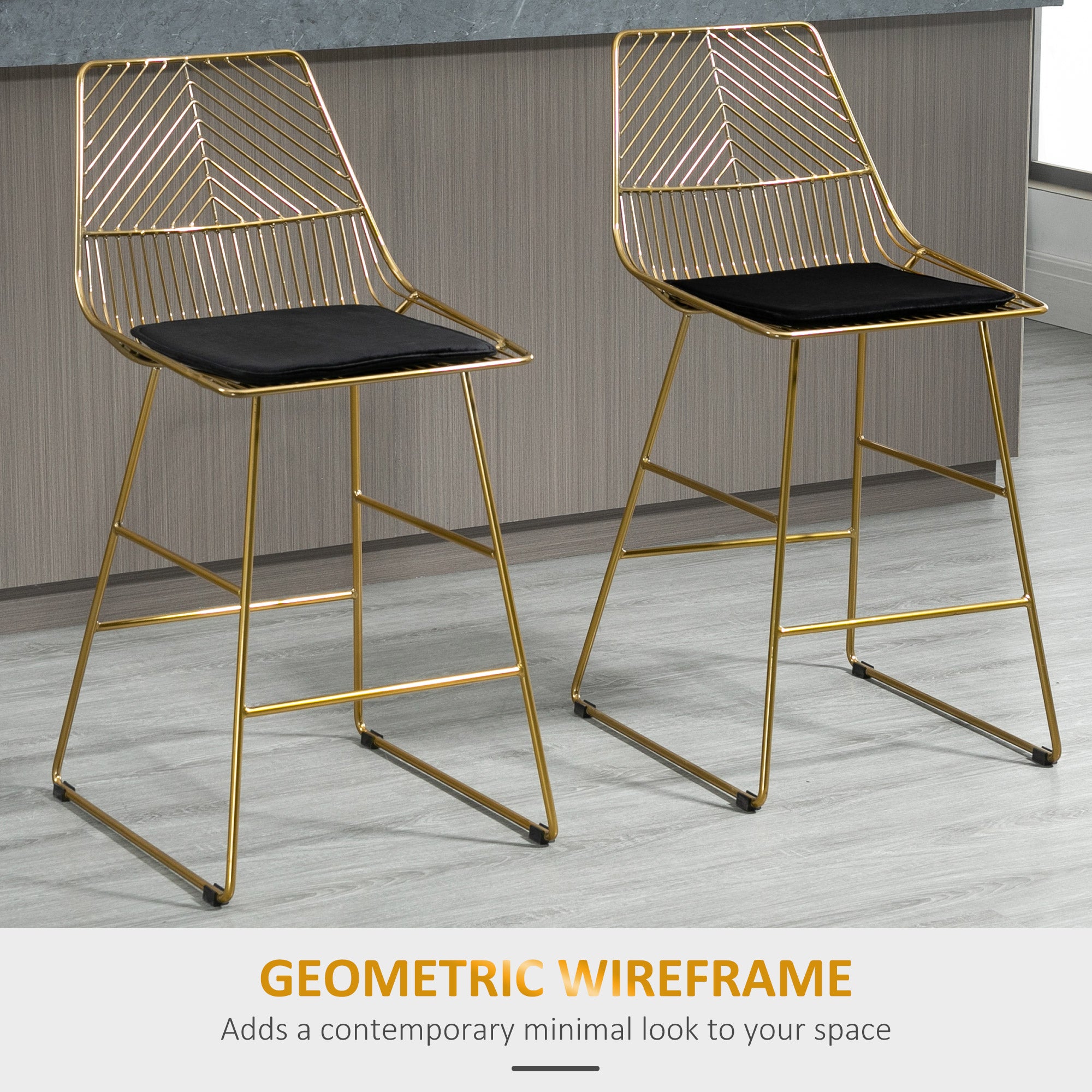 HOMCOM Set of 2 Bar stools Modern Counter Height Wire Metal Bar chairs for Kitchen, Bar Counter, Gold - North Peak Garden Furniture