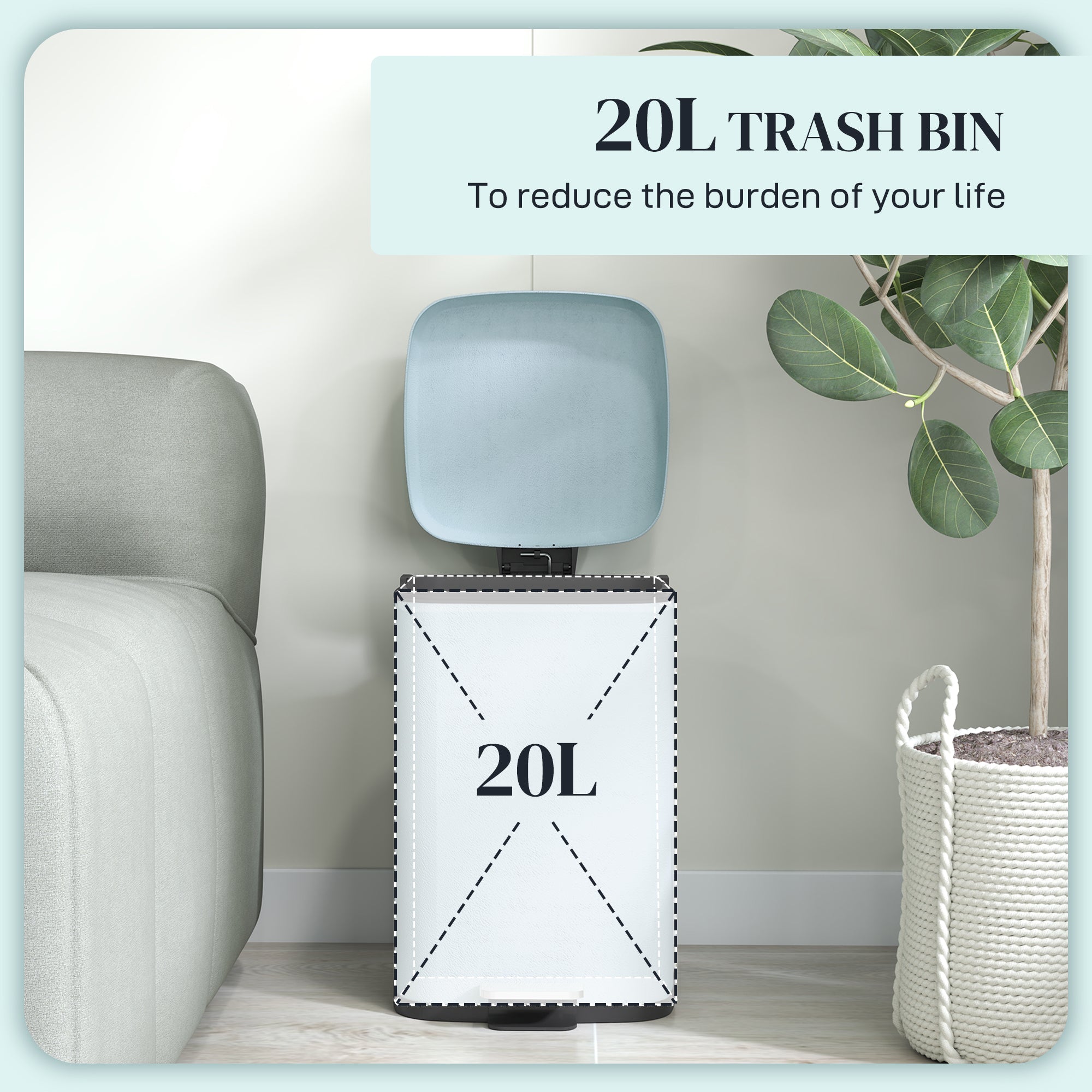 HOMCOM 20L Modern Boxy Metal Home Kitchen Bin - Light Green - North Peak Garden Furniture