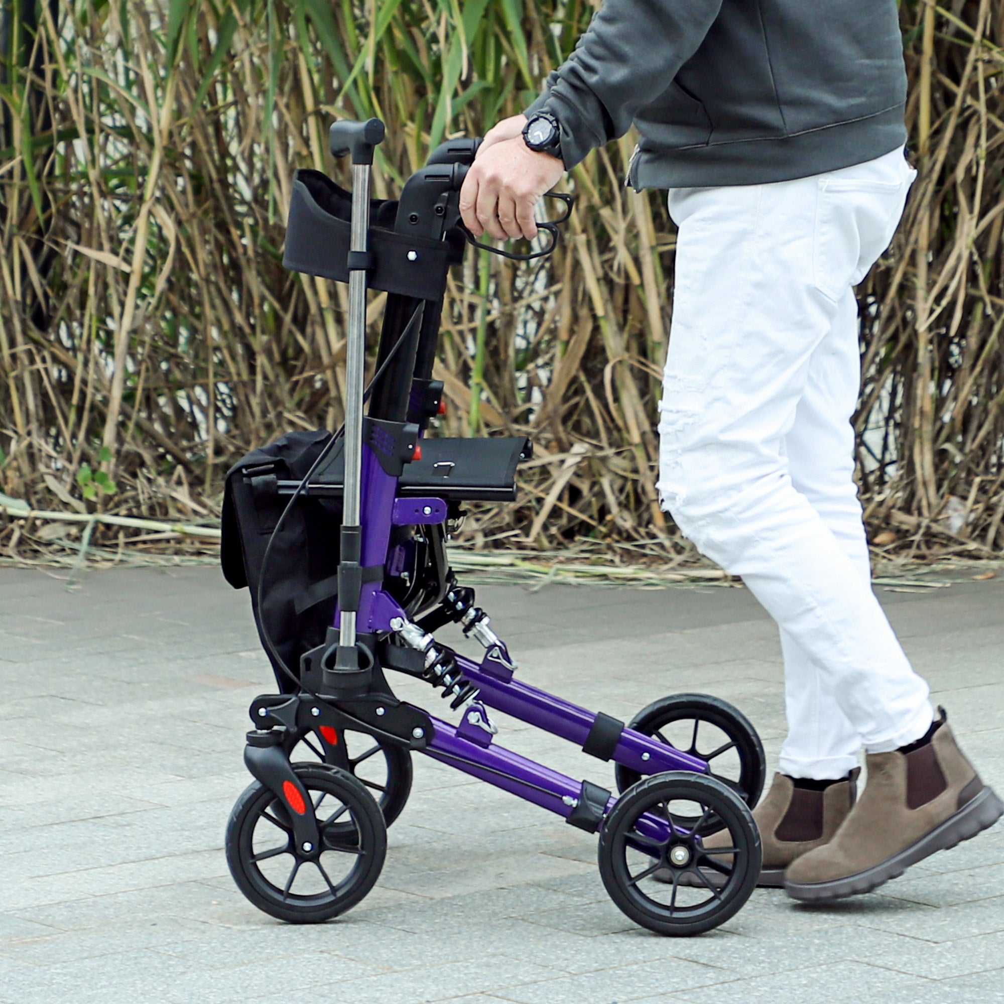 HOMCOM Folding Rollator Walker with Seat, Backrest, Lightweight Walking Frame with Storage Bag, Dual Brakes, Adjustable Handle Height, Suspension System, 4 Wheeled Walker for Seniors, Purple - North Peak Garden Furniture