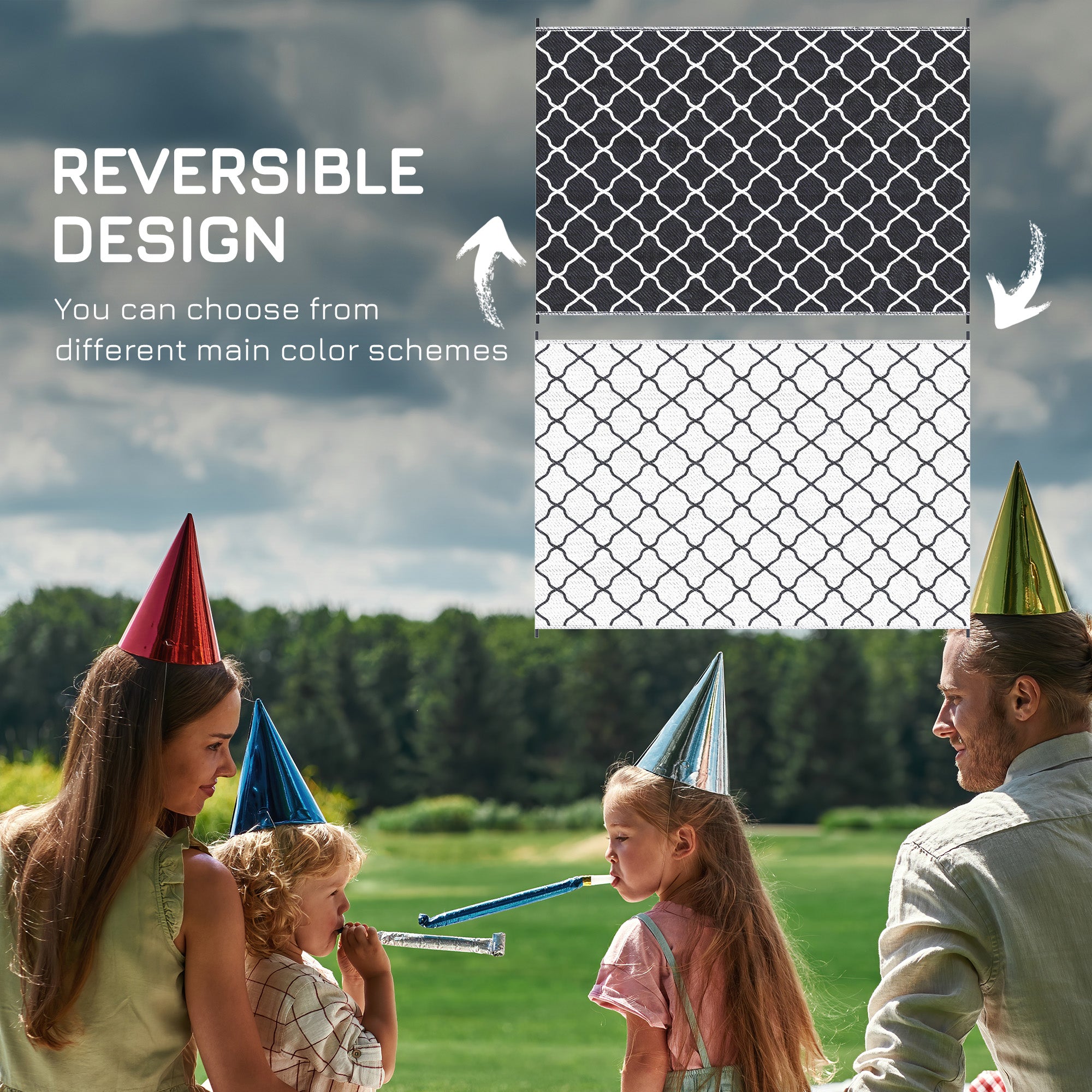 Outsunny Reversible Outdoor Rug, Plastic Straw Mat w/ Carry Bag Ground Stakes for Garden RV Picnic Beach Camping 182x274cm Black - North Peak Garden Furniture