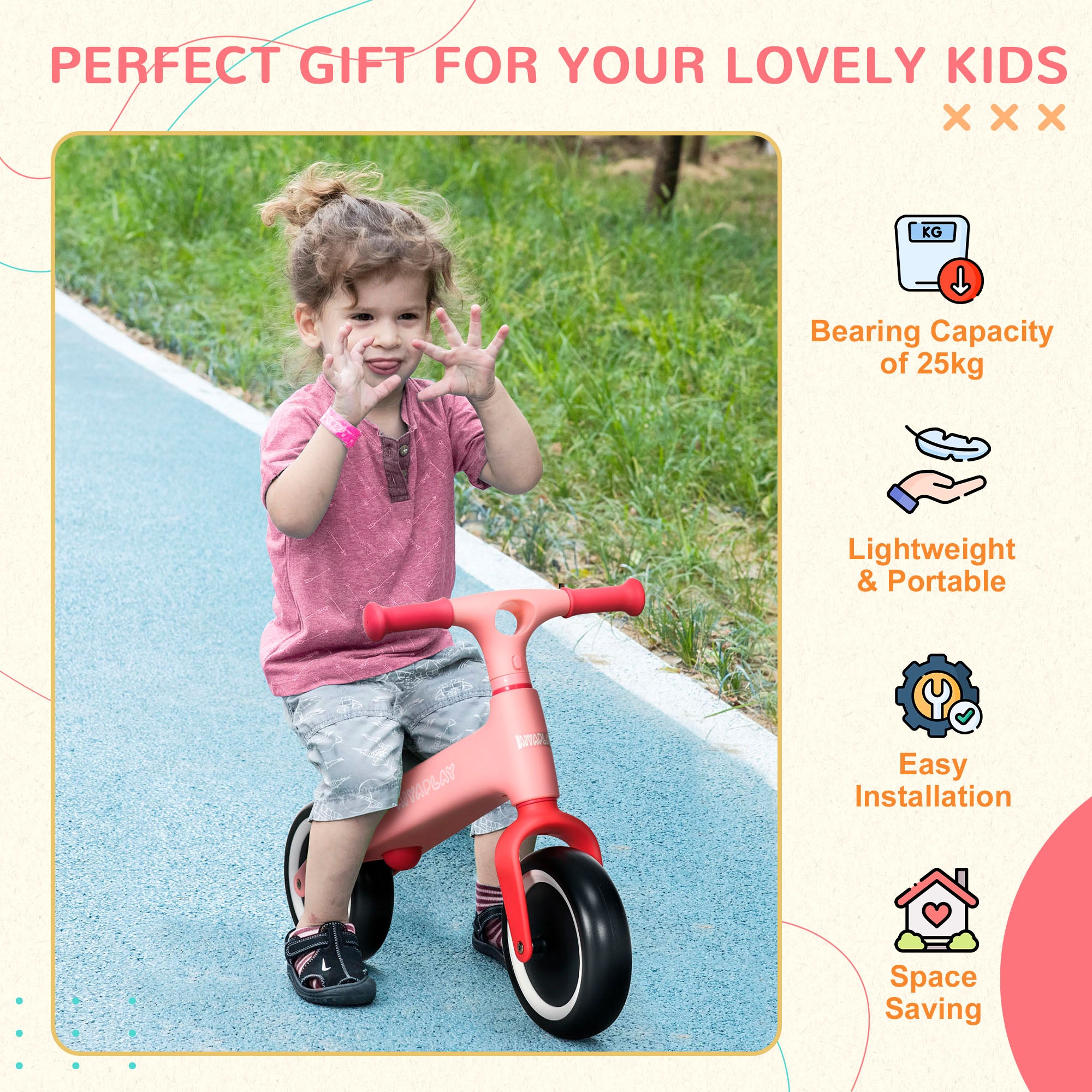 AIYAPLAY Baby Balance Bike, with Adjustable Seat, for 1.5-3 Years - Pink