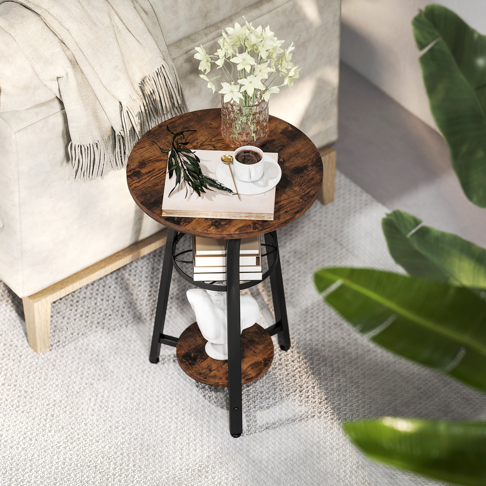 HOMCOM Small Round Side Table with 3 Storage Shelves - Rustic Brown - North Peak Garden Furniture