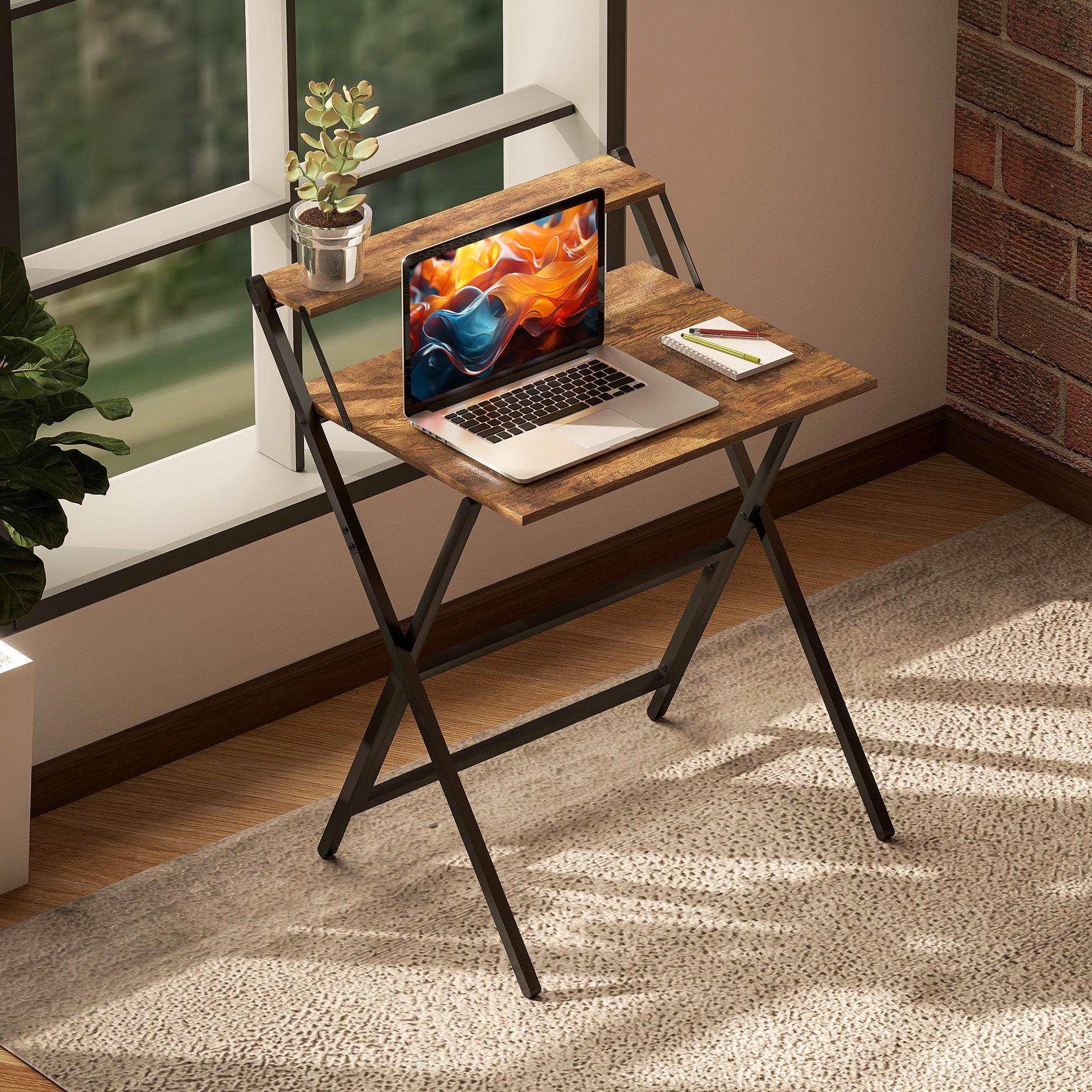 HOMCOM 70 cm Folding Computer Desk with Monitor Shelf - Rustic Brown - North Peak Garden Furniture