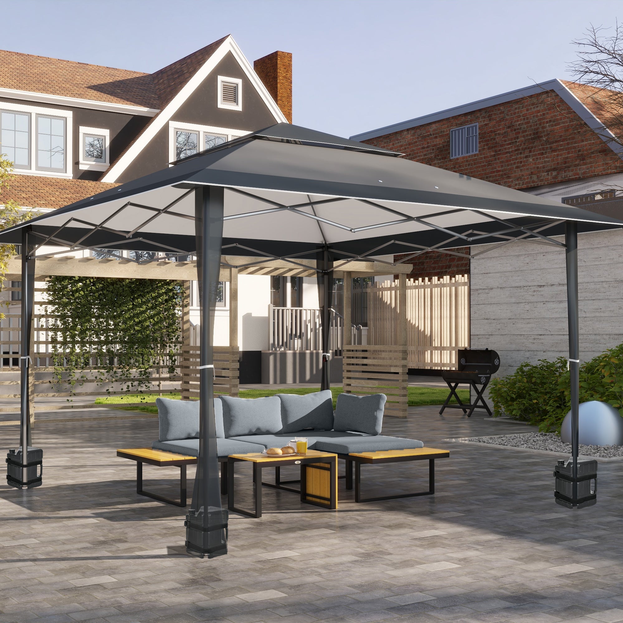 Outsunny 4 x 4m Pop-up Gazebo Double Roof Canopy Tent with UV Proof, Roller Bag & Adjustable Legs Outdoor Party, Steel Frame, Dark Grey