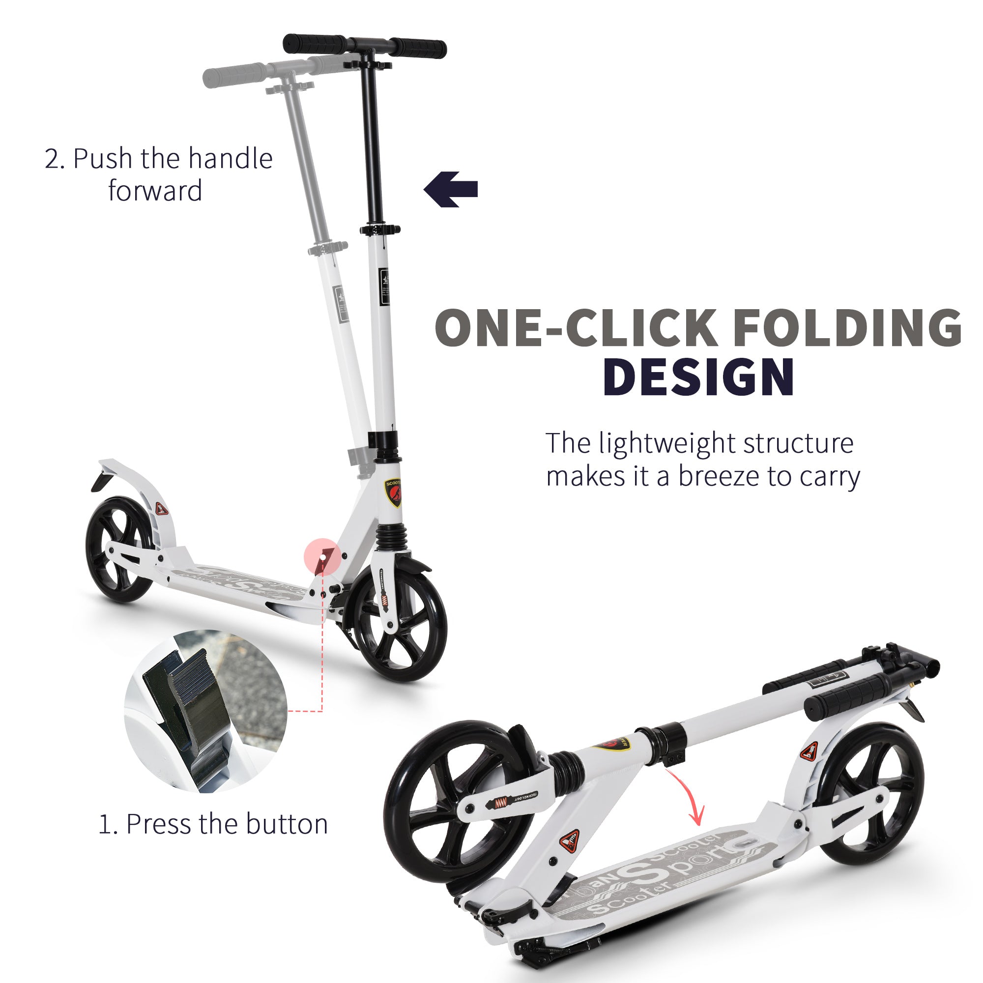 HOMCOM Folding Kick Scooter 2 Big Wheels Teens Adult 14+ Adjustable Ride On White - North Peak Garden Furniture