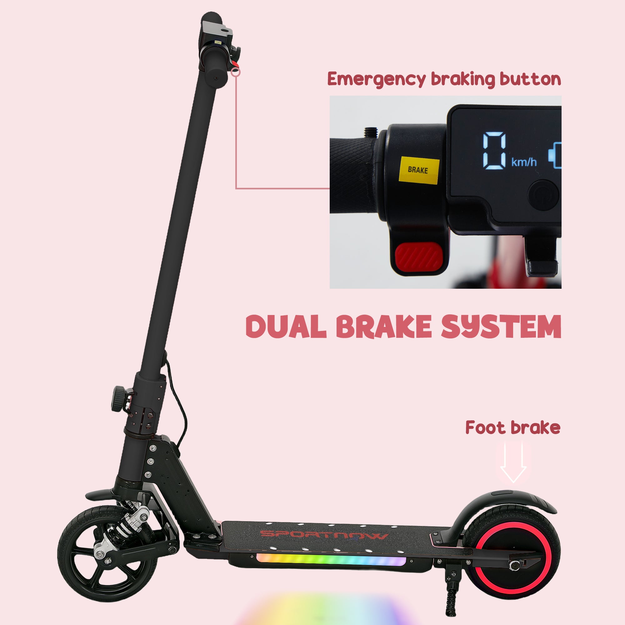 SPORTNOW Folding Electric Scooter for Kids Age 6-14 with Dual Brakes, Front Suspension, LED Colourful Lights and Display, 6.8kg Lightweight Aluminium E Scooter, Up to 14 KM/H & 6 KM, Black