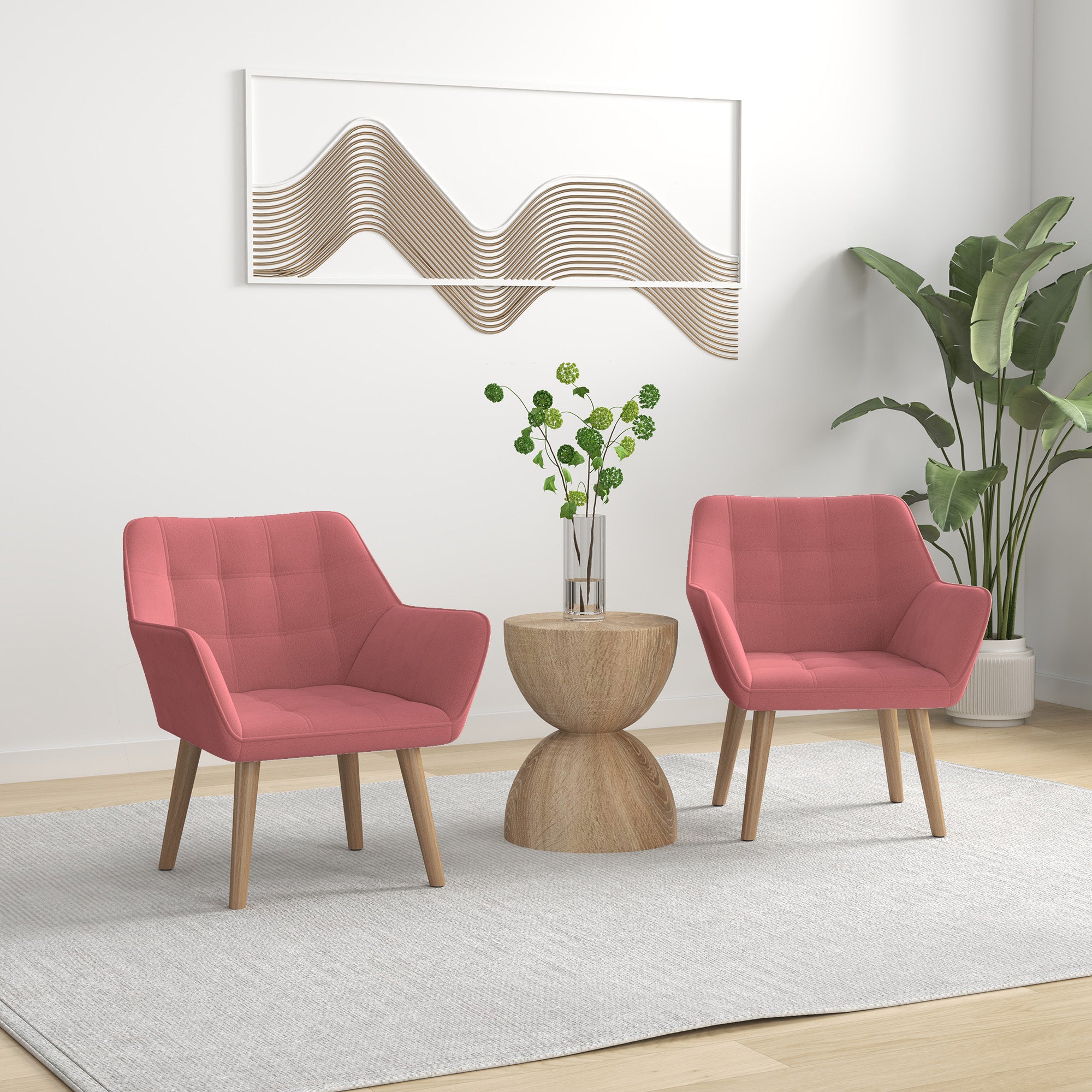 Set of 2 Accent Chair, Arm Chair with Slanted Back, Thick Padding and Rubber Wooden Legs for Living Room, Pink
