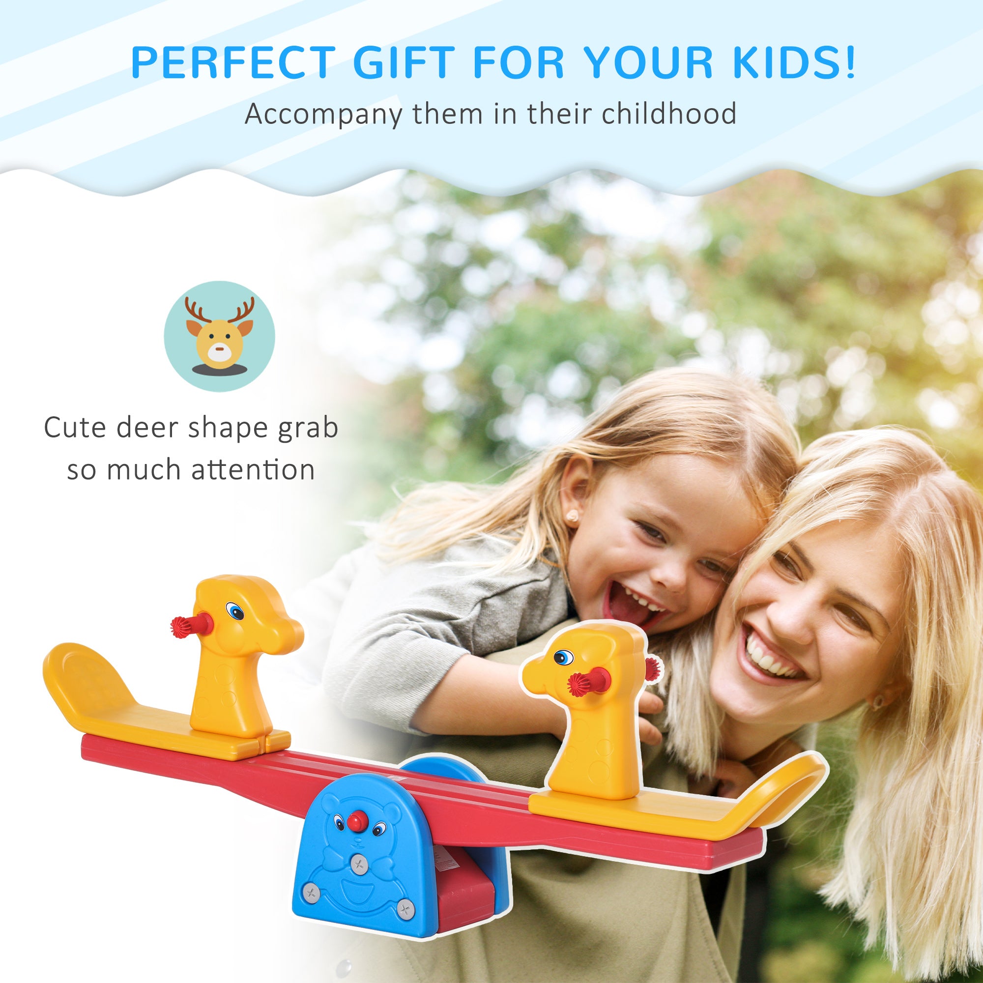 HOMCOM Kids Seesaw Safe Teeter Totter 2 Seats with Easy-Grip Handles, Safe, Indoor Outdoor Living Room Playroom Backyard Equipment, for 1-4 years old Multicolor - North Peak Garden Furniture