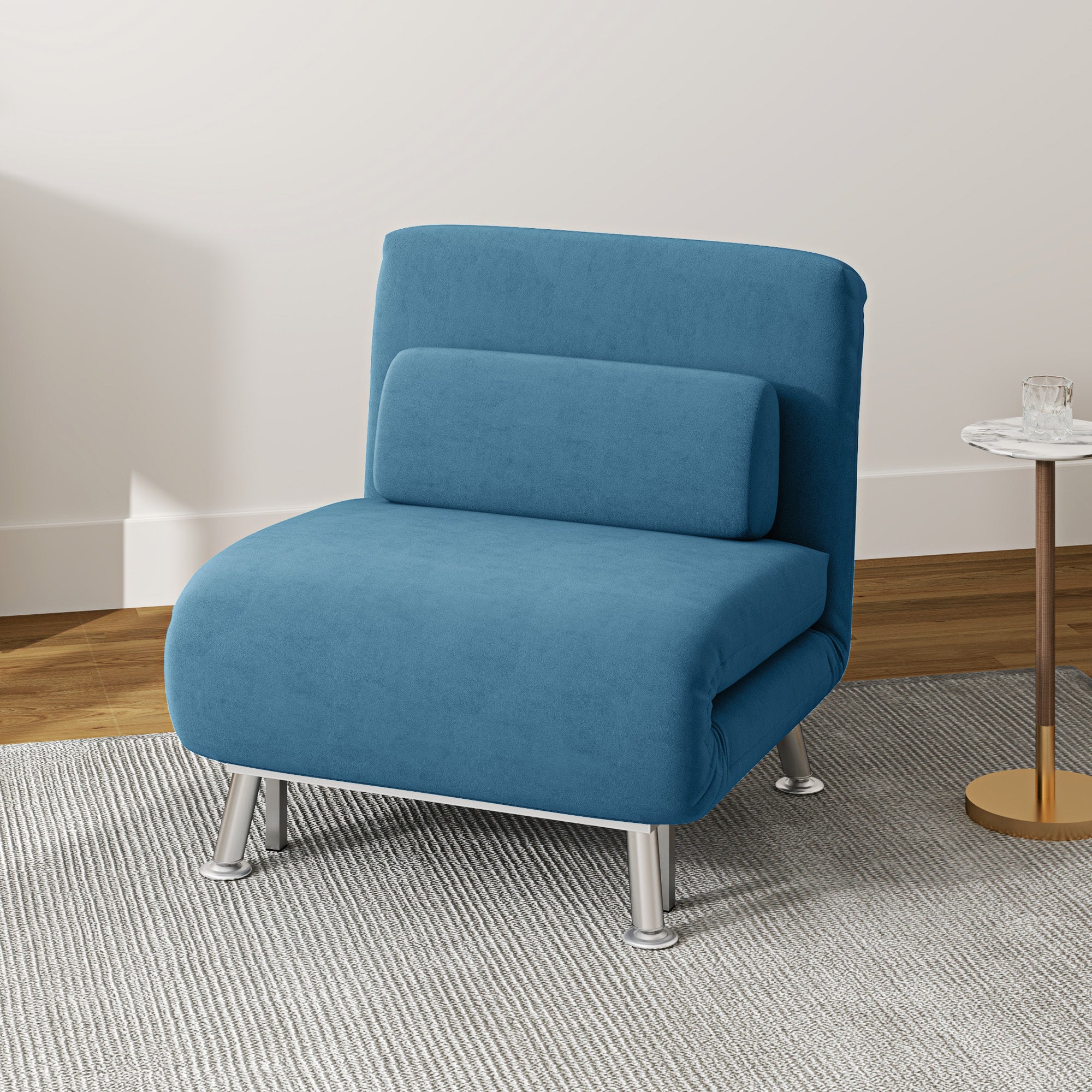 HOMCOM Single Velvet-Feel Sleeper Chair - Blue - North Peak Garden Furniture