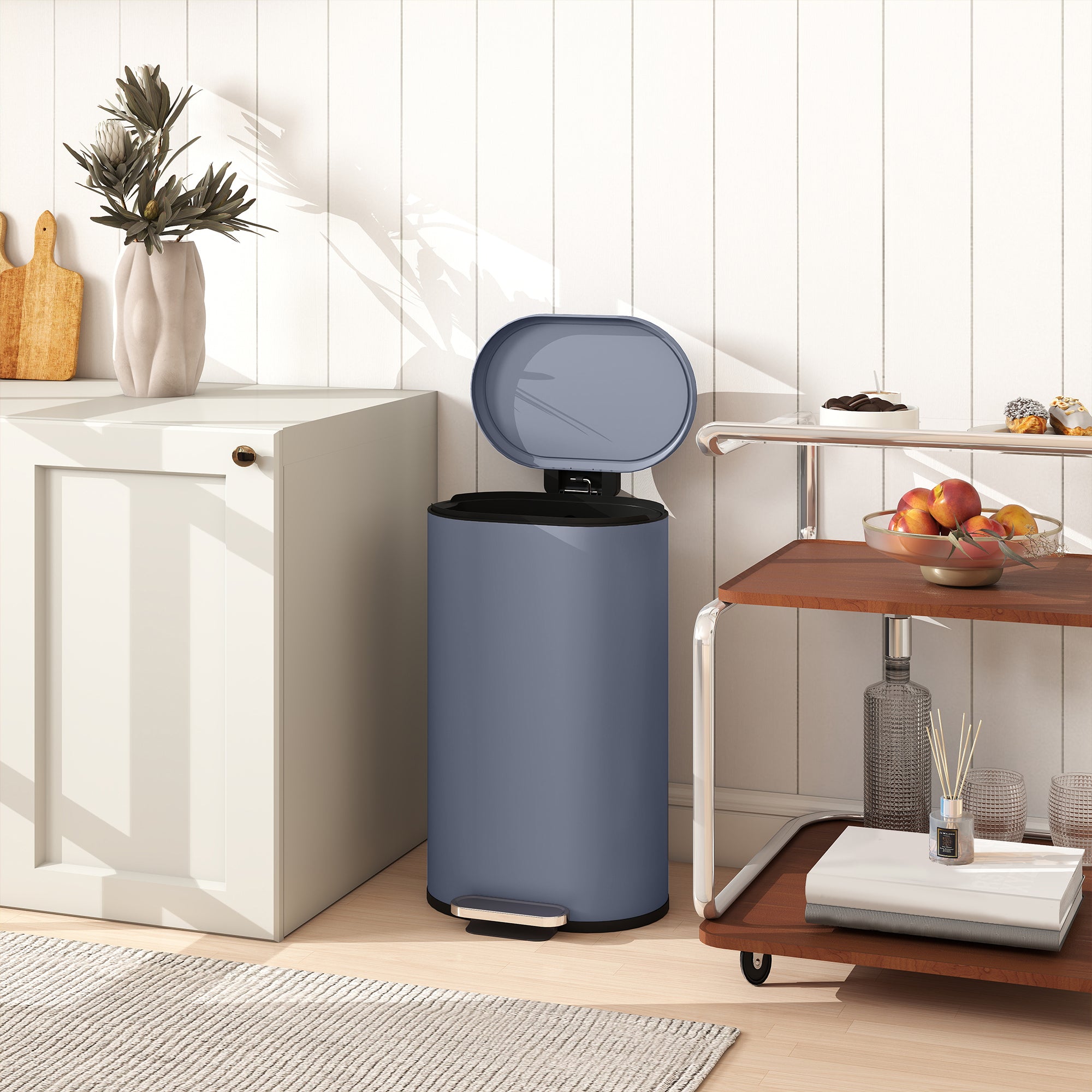 HOMCOM 30L Kitchen Bin with 90° Stay-Open Lid, Slim Rectangular Pedal Bin with Soft-Close Lid, Removable Inner Bucket for Home Office, Fingerprint-Resistant, Grey