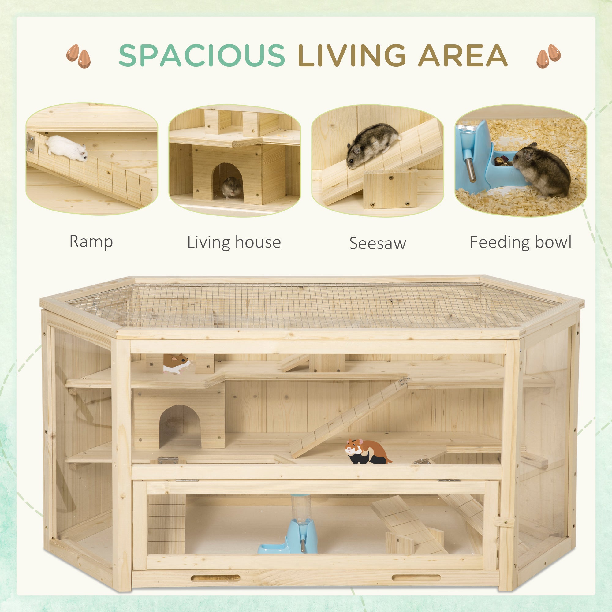 PawHut Wooden Large Hamster Cage Small Animal Exercise Play House 3 Tier with Sliding Tray, Seesaws, Water Bottle, Natural - North Peak Garden Furniture