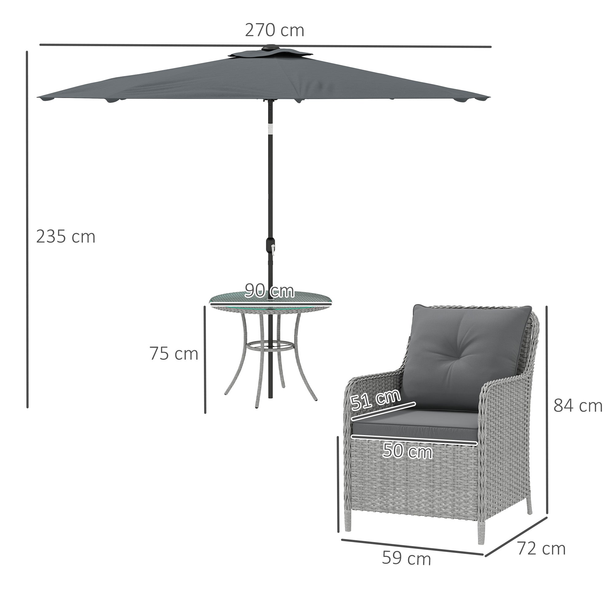 Outsunny 4 Seater Rattan Dining Set with Parasol & Cushions - Light Grey - North Peak Garden Furniture