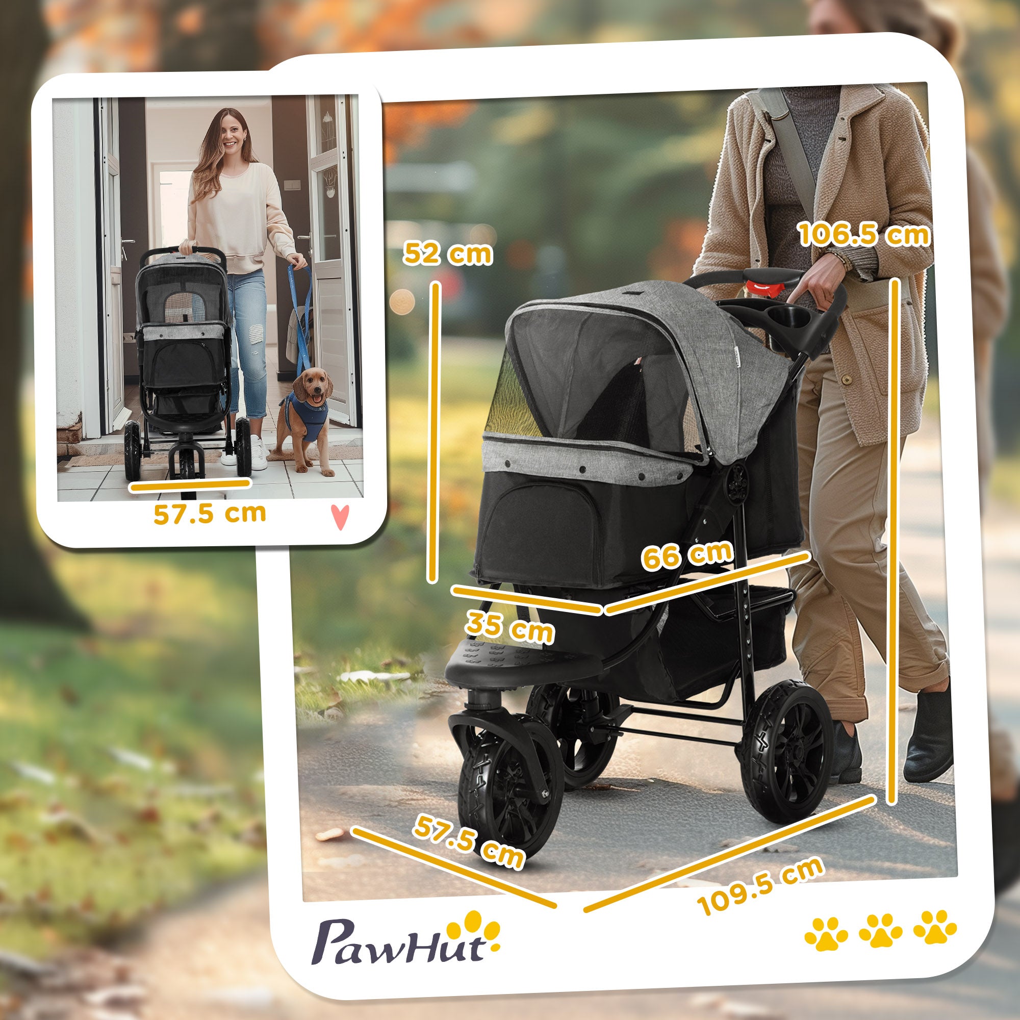 PawHut Dog Pushchair Folding Pet Stroller 3 Wheel Dog Jogger Travel Carrier Adjustable Canopy Storage Brake Mesh Window Grey