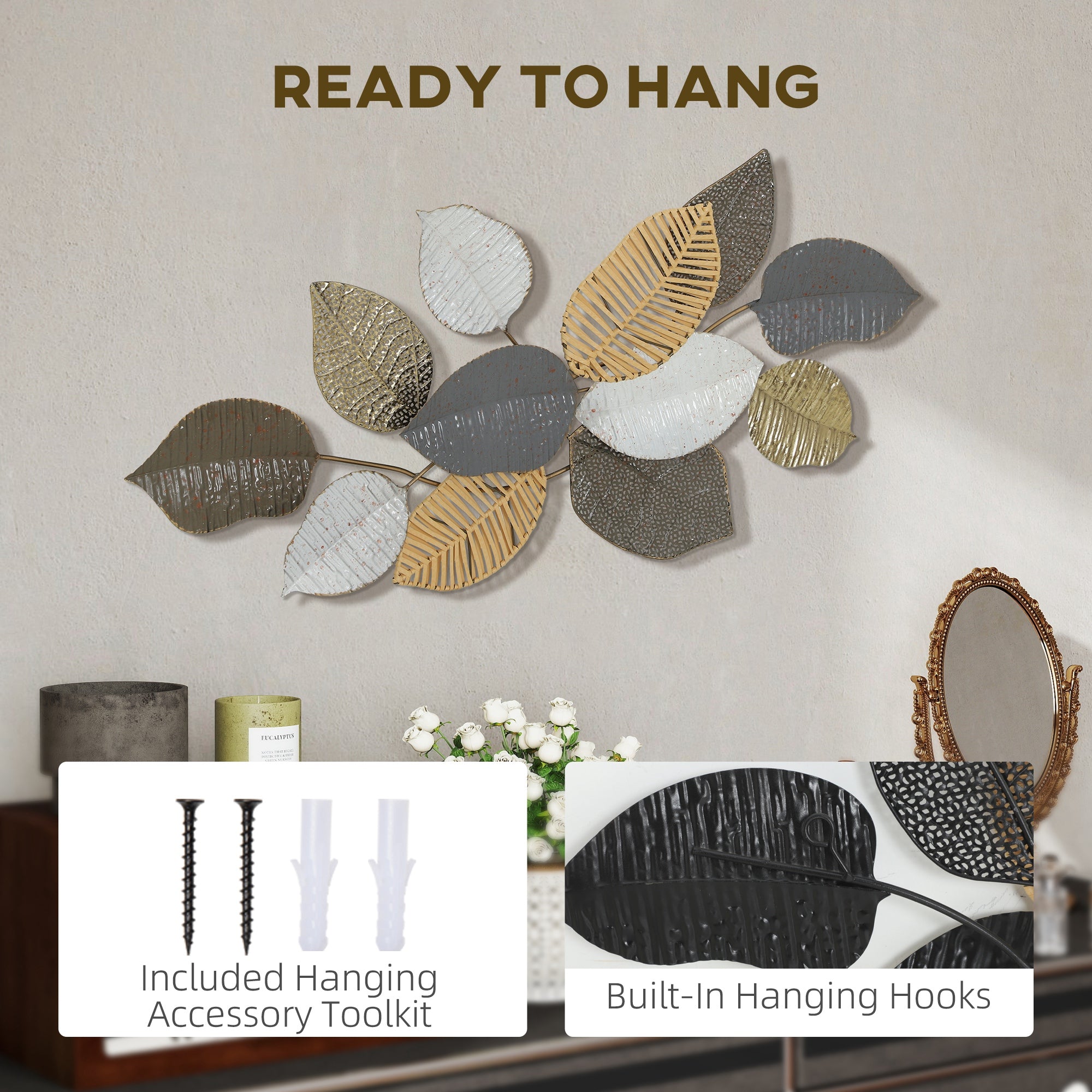 HOMCOM Metal Wall Art, Modern Hanging Wall Decor with Unique Leaf Design for Living Room Bedroom Entryway