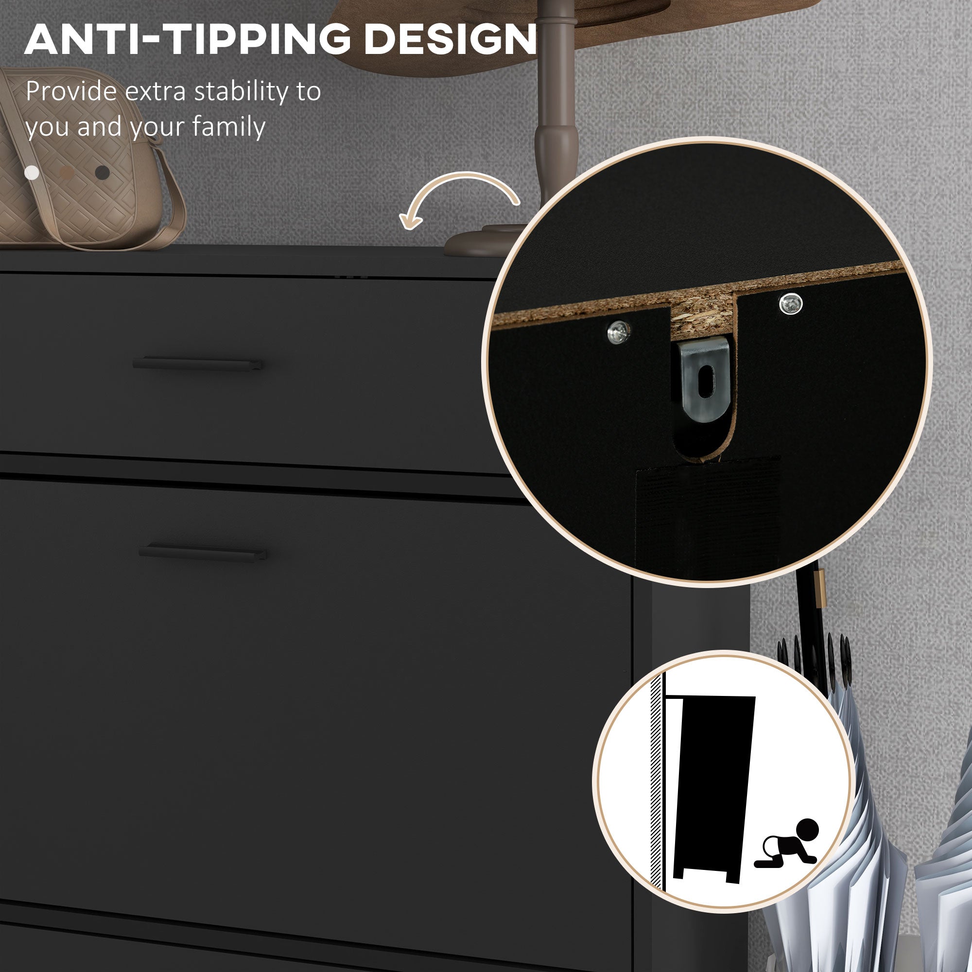 HOMCOM Three Drawer Slim Shoe Storage Cabinet, 12 Shoe Pairs - Black - North Peak Garden Furniture