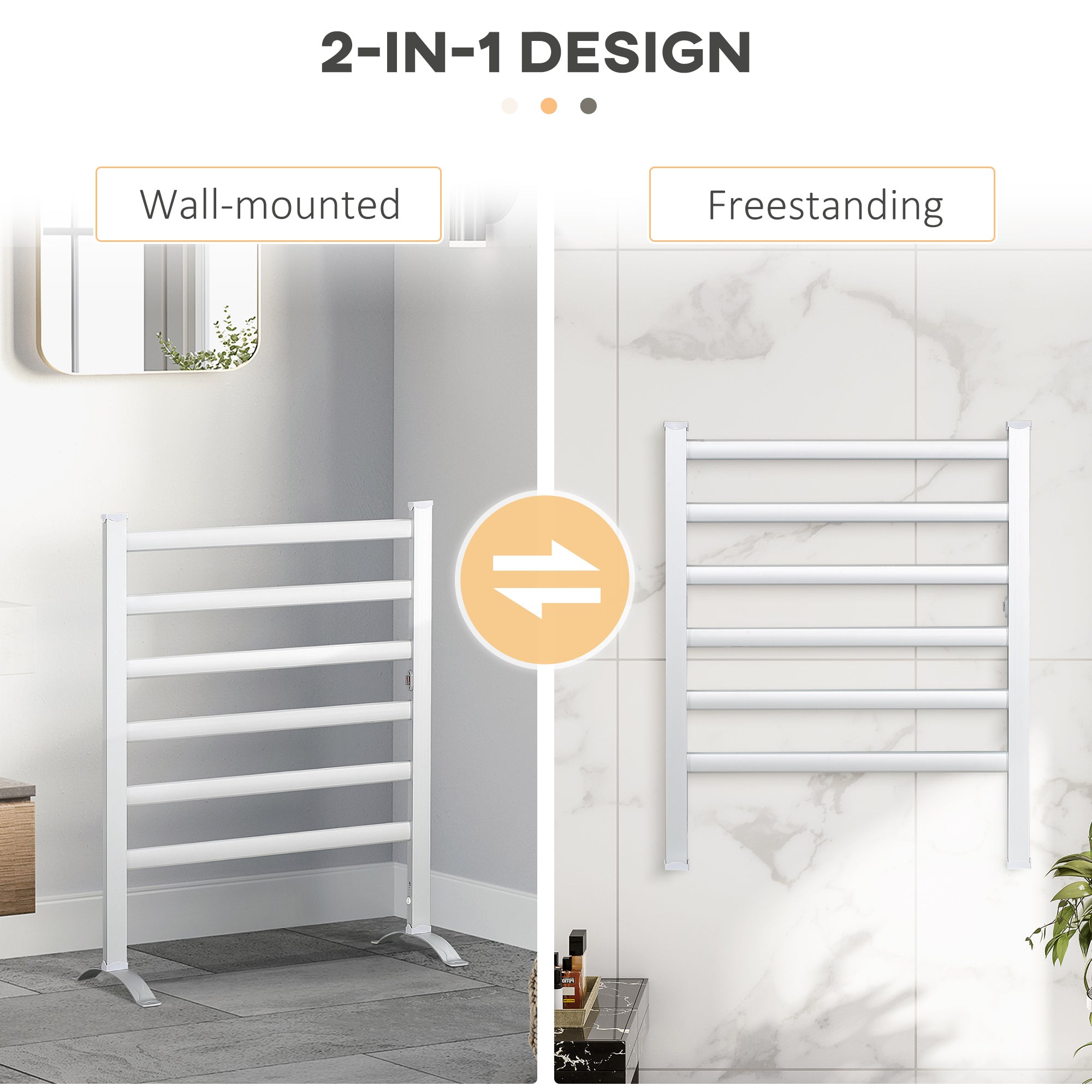 HOMCOM Electric Towel Warmer, 6 Bar Aluminum Heated Towel Rail, Wall Mounted & Free Standing Towel Drying Rack for Bathroom, Plug-in, Silver - North Peak Garden Furniture