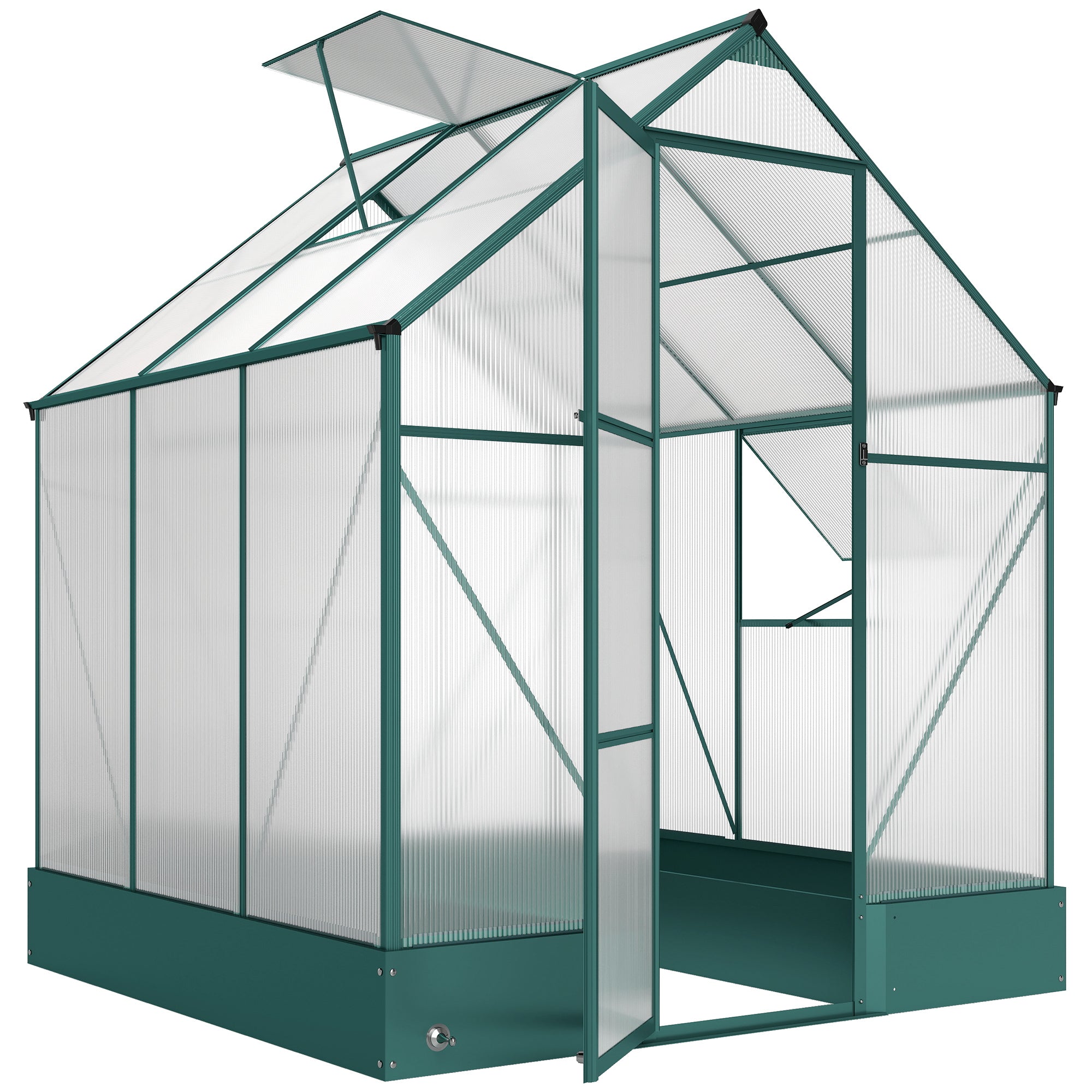 Outsunny Garden Walk-in Aluminium Greenhouse Polycarbonate with Plant Bed, Temperature Controlled Window, Foundation, 6 x 6ft