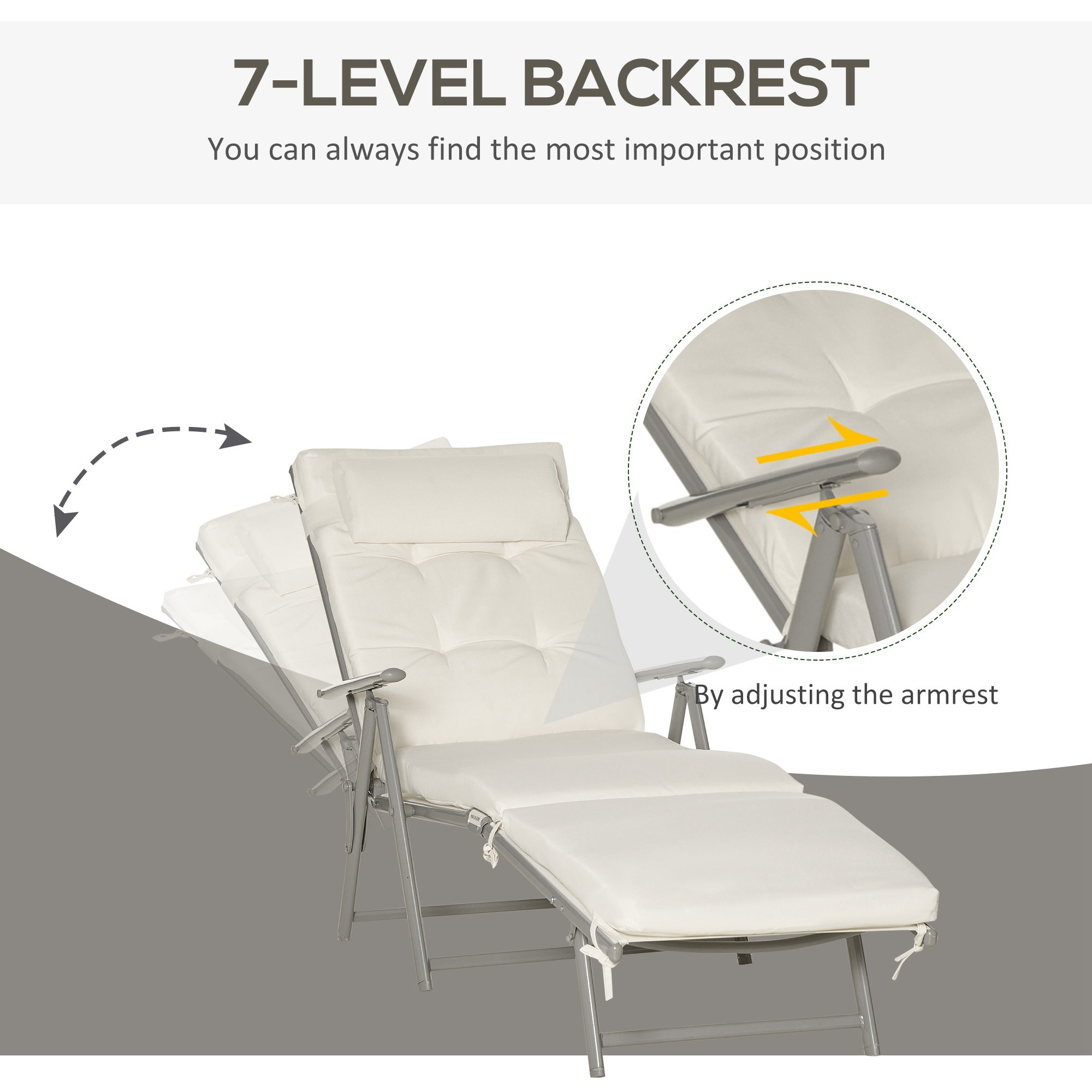 Outsunny Sun Lounger Steel Frame Outdoor Folding Chaise Texteline Lounge Chair Recliner with Headrest & 7 Levels Adjustable Backrest, Cream White - North Peak Garden Furniture