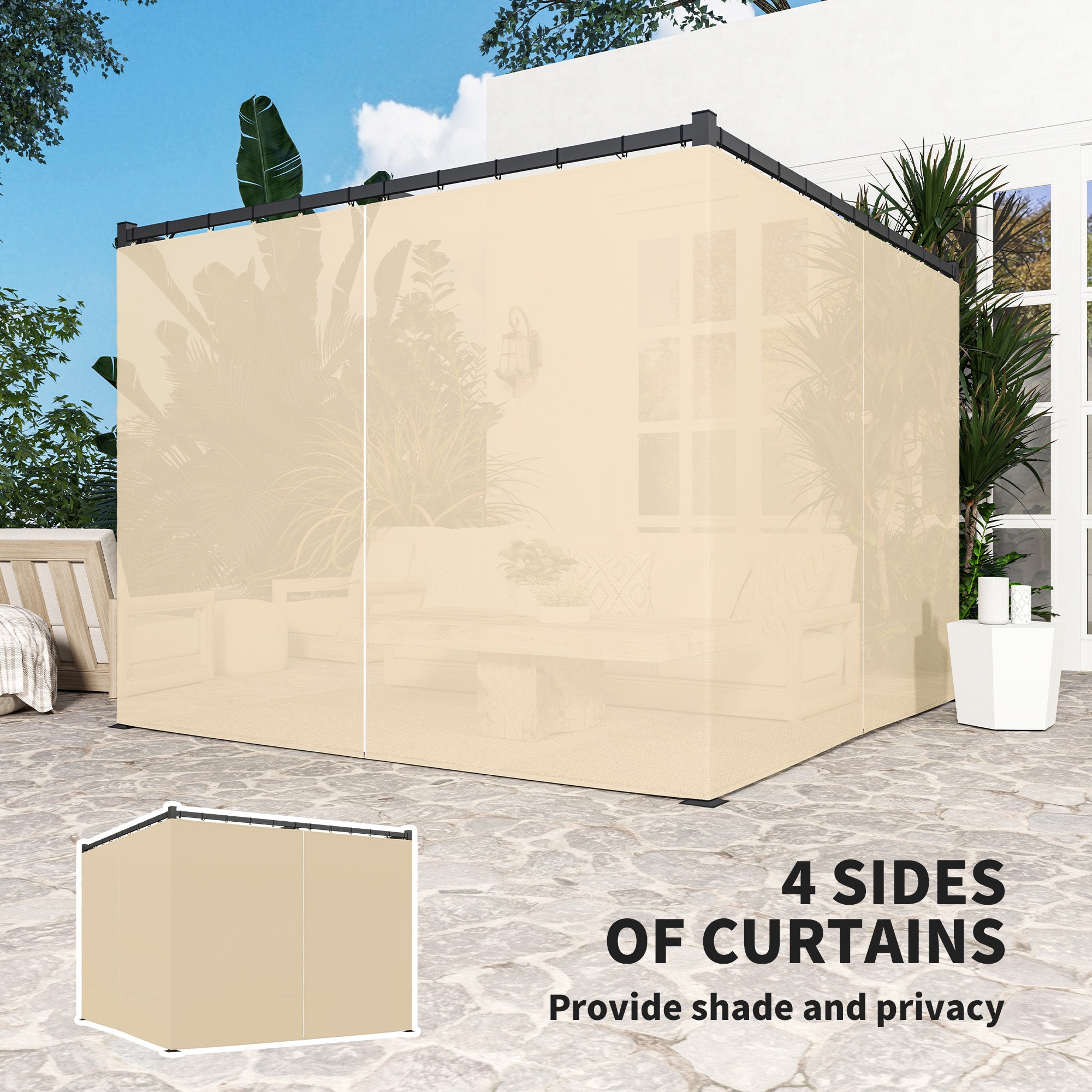 Outsunny 3 x 3m Retractable Roof Pergola, with Curtains - Khaki - North Peak Garden Furniture