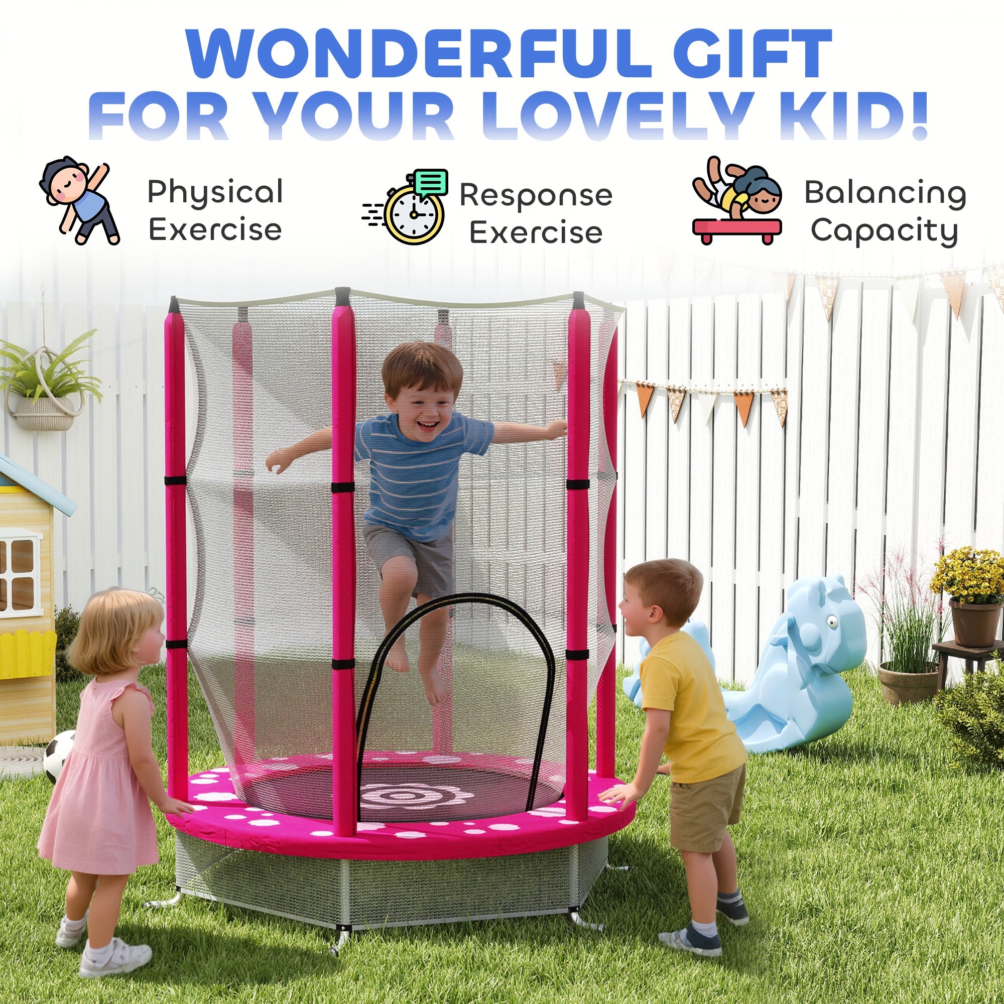 AIYAPLAY 4.6FT Toddler Trampoline w/ Safety Enclosure Net, for Indoor Outdoor Use, Ages 3-6 Years, Sun Pattern - Pink