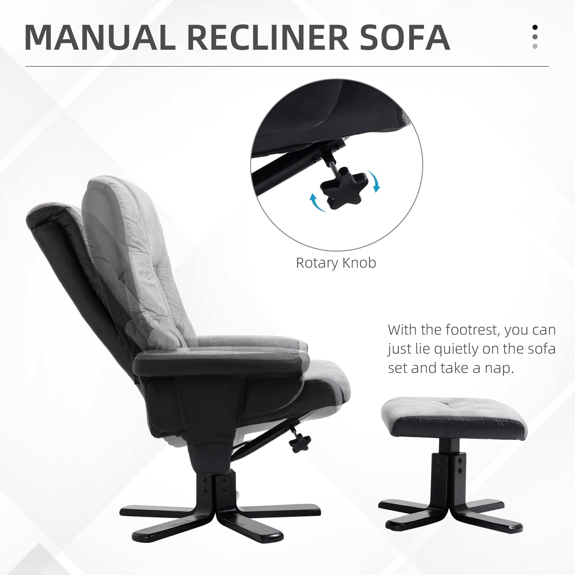 HOMCOM Fabric Recliner Sofa Armchair with footstool Swivel Sofa Grey - North Peak Garden Furniture