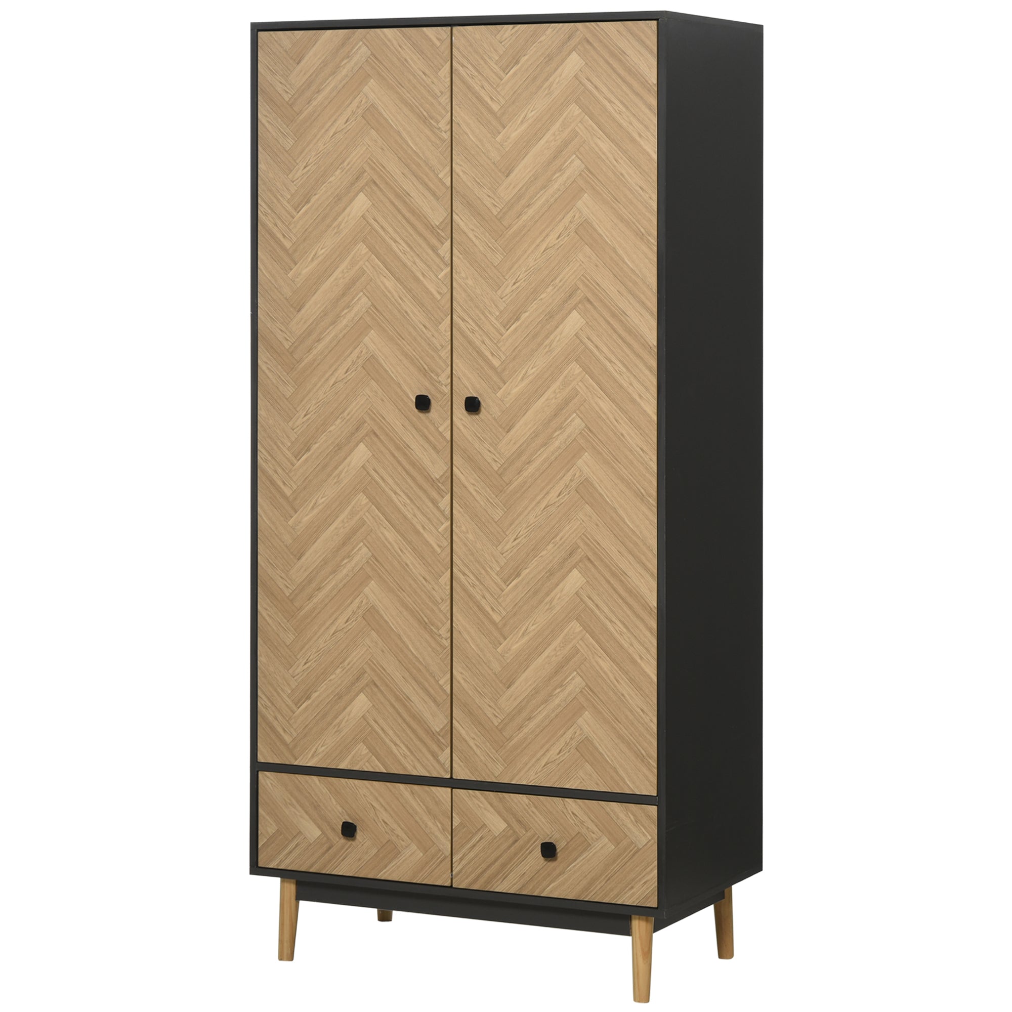 HOMCOM Modern Wardrobe Cabinet Wood Grain Sticker Surface with Shelf, Hanging Rod and 2 Drawers 90x50x190cm - North Peak Garden Furniture