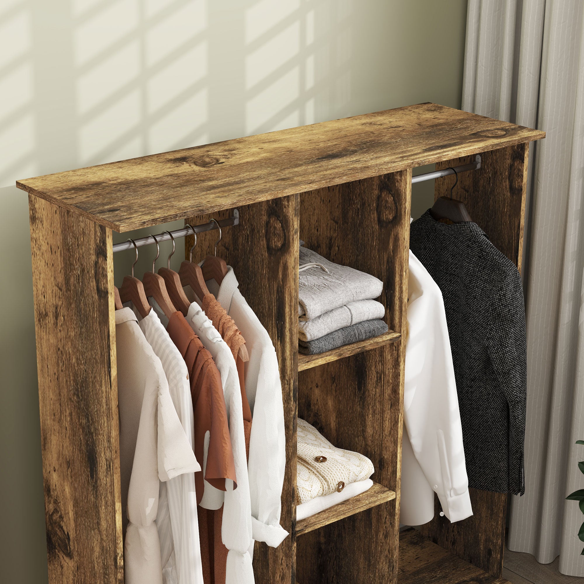 HOMCOM Open Wardrobe Double Mobile Storage Shelves Organizer W/6 Wheels-Rustic Brown - North Peak Garden Furniture