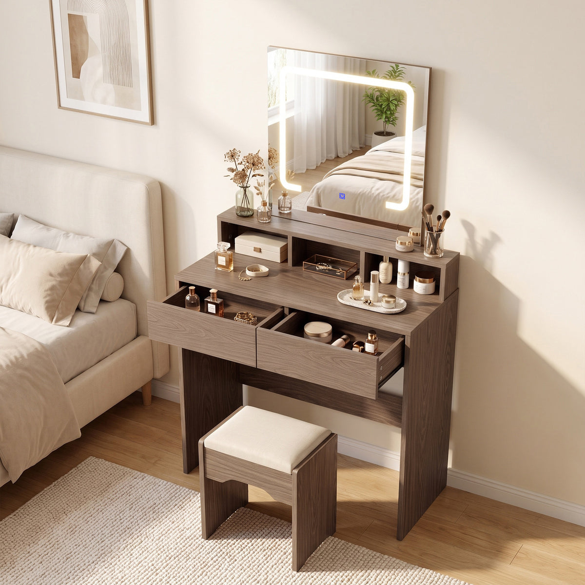 HOMCOM Vanity Table, Dressing Table with Mirror, LED Lights, 2 Drawers, 3 Compartments, 3 Colour Lighting, Walnut