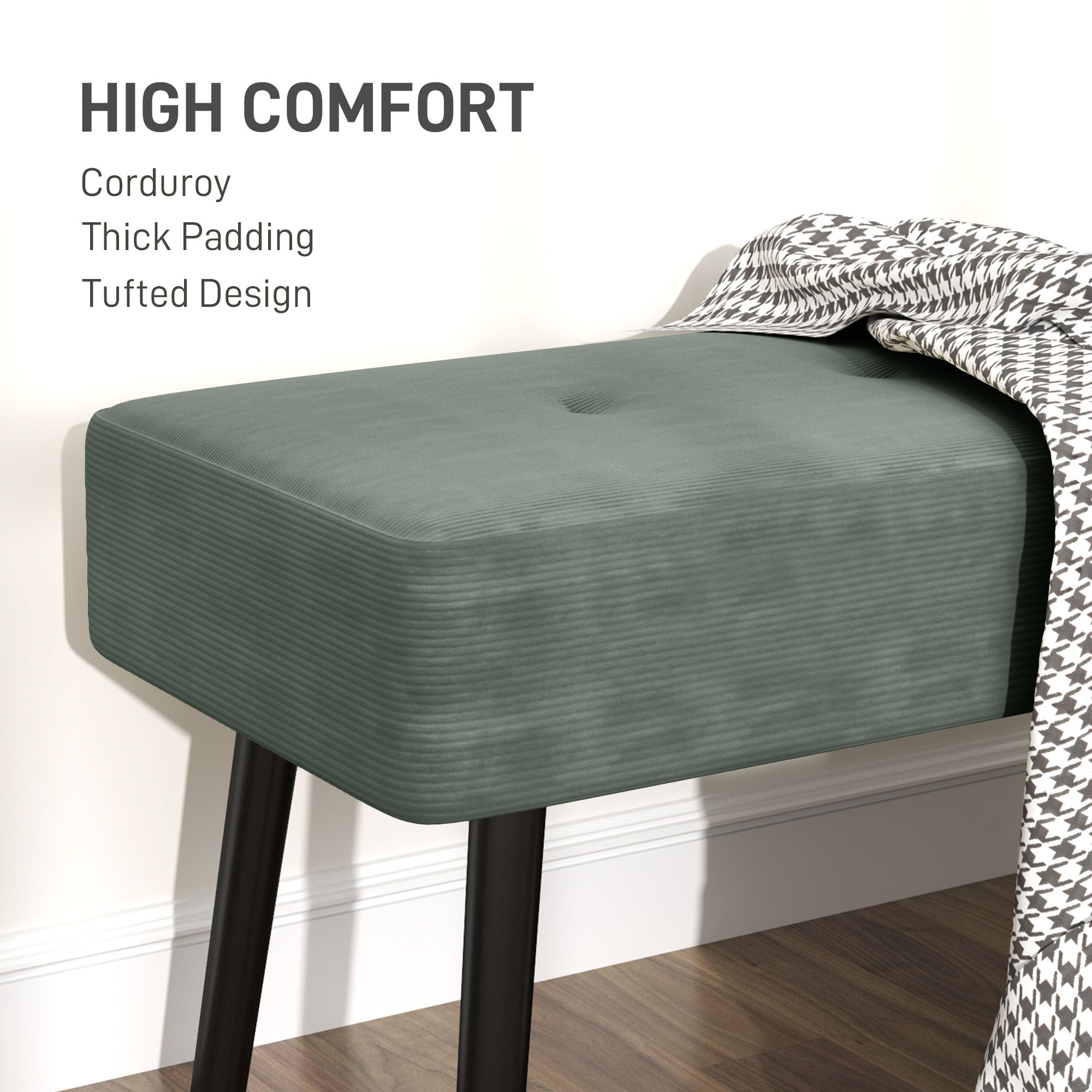 HOMCOM End of Bed Bench, Corduroy Bedroom Bench with Thick Padding and Steel Legs, Tufted Window Seat for Entryway, Living Room, Green - North Peak Garden Furniture