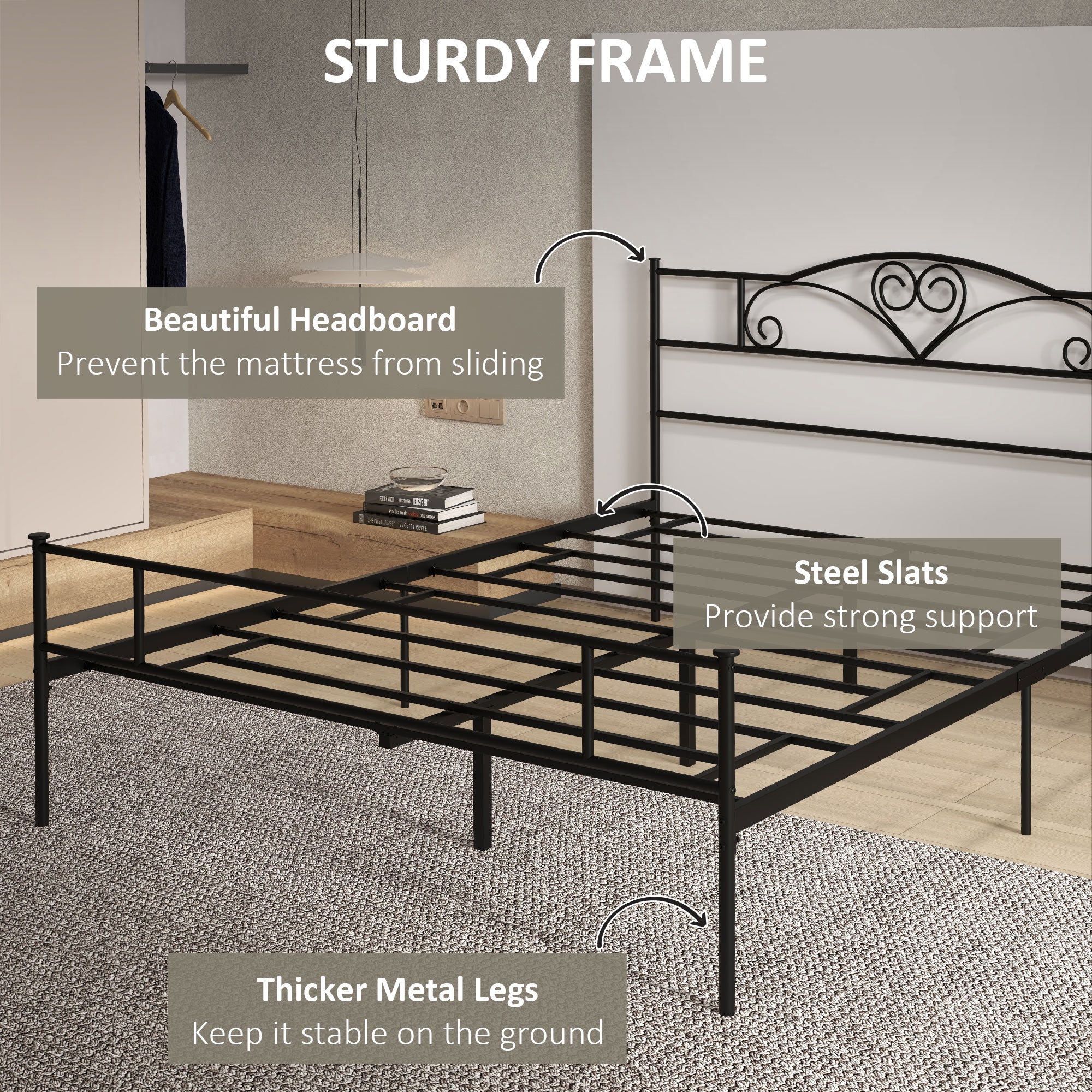 HOMCOM King Size Bed Frame, 5ft4 Metal Bed Base with Headboard and Footboard, 31cm Underneath Storage Space for Bedroom - North Peak Garden Furniture