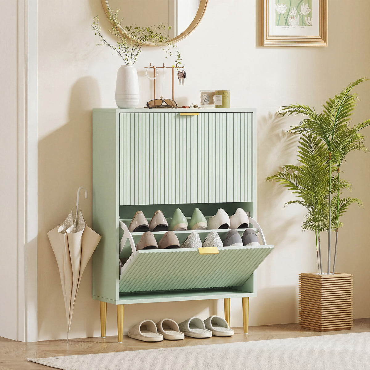 HOMCOM Elegant Two-Drawer Shoe Cabinet - Light Green