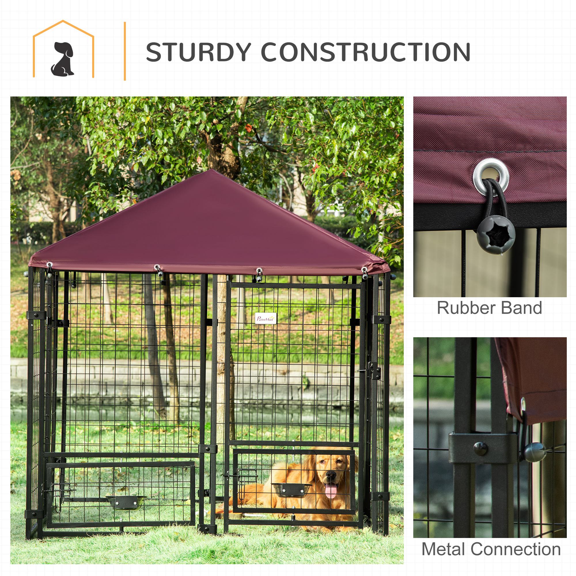 PawHut Outdoor Dog Kennel with Rotating Bowl Holders, Water and UV-Resistant Cover for Medium & Small Dogs, Red - North Peak Garden Furniture