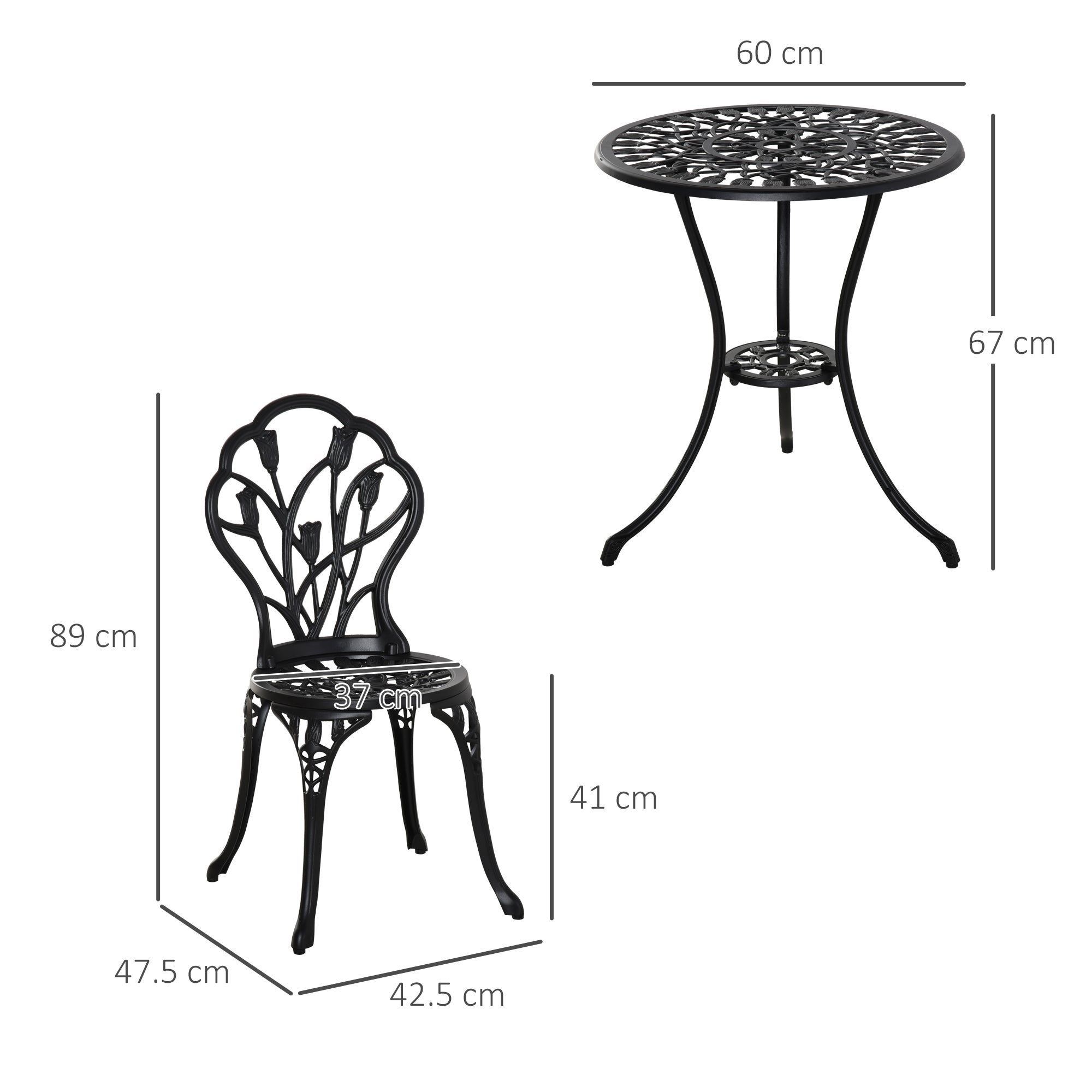 Outsunny Three-Piece Aluminium Floral Bistro Garden Set - Black - North Peak Garden Furniture