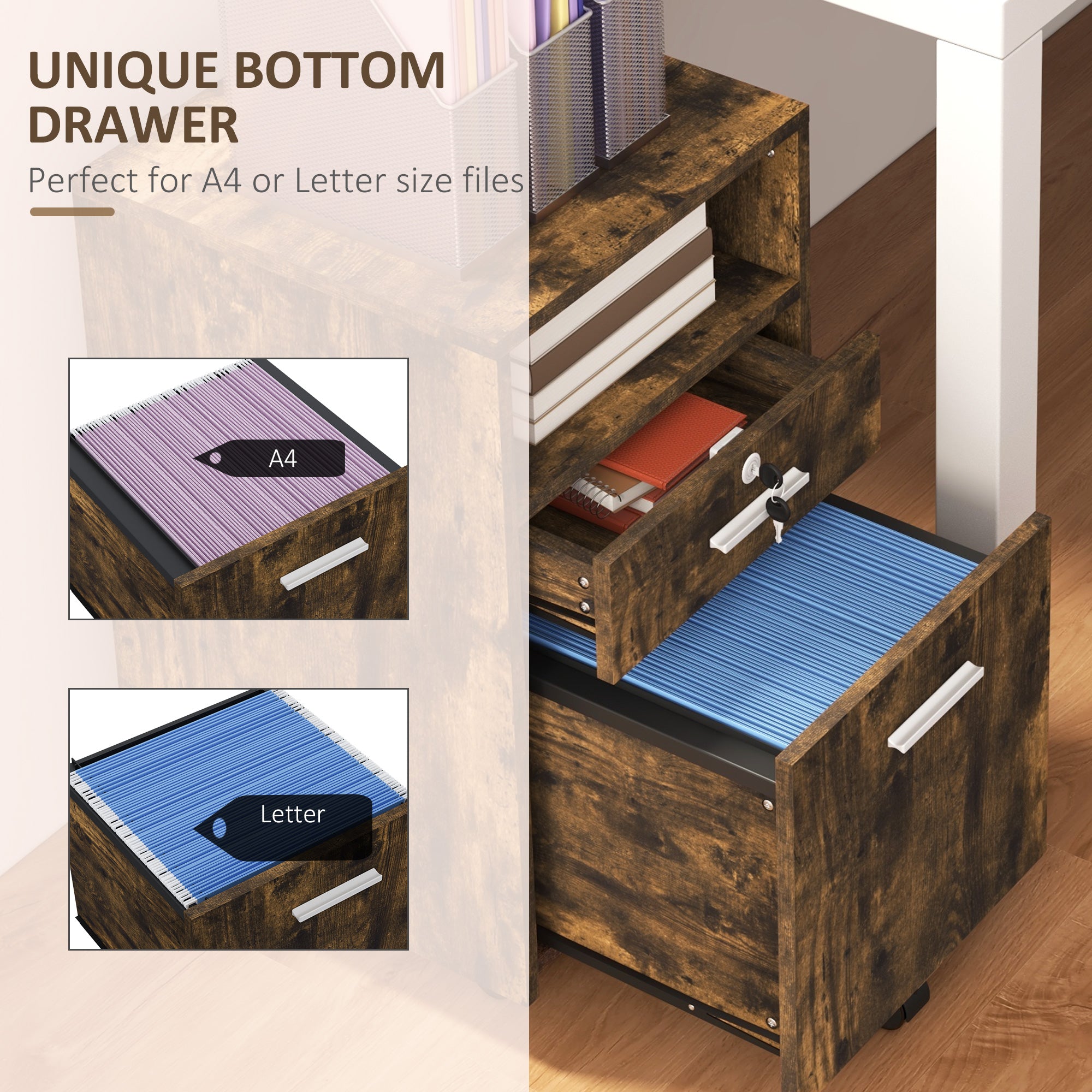 Vinsetto Lockable Two-Drawer Filing Cabinet, with Wheels - Wood-Effect - North Peak Garden Furniture