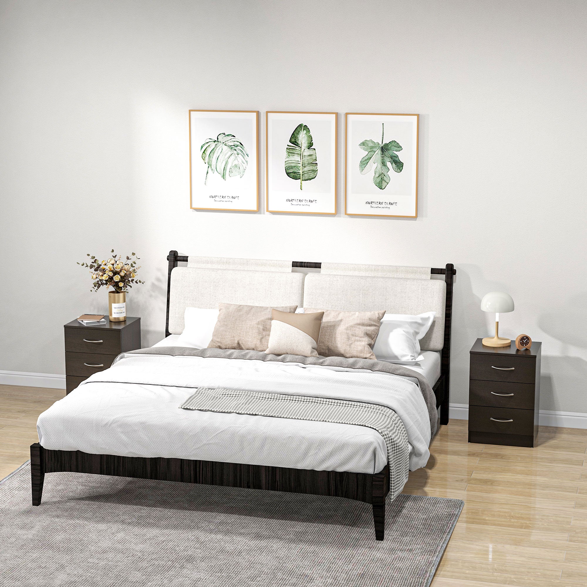 HOMCOM Bedside Cabinet with Drawer and Shelf, White Bedside Table for Bedroom, Living Room, Nightstand Side Table with Metal Rail Set of 2 - North Peak Garden Furniture