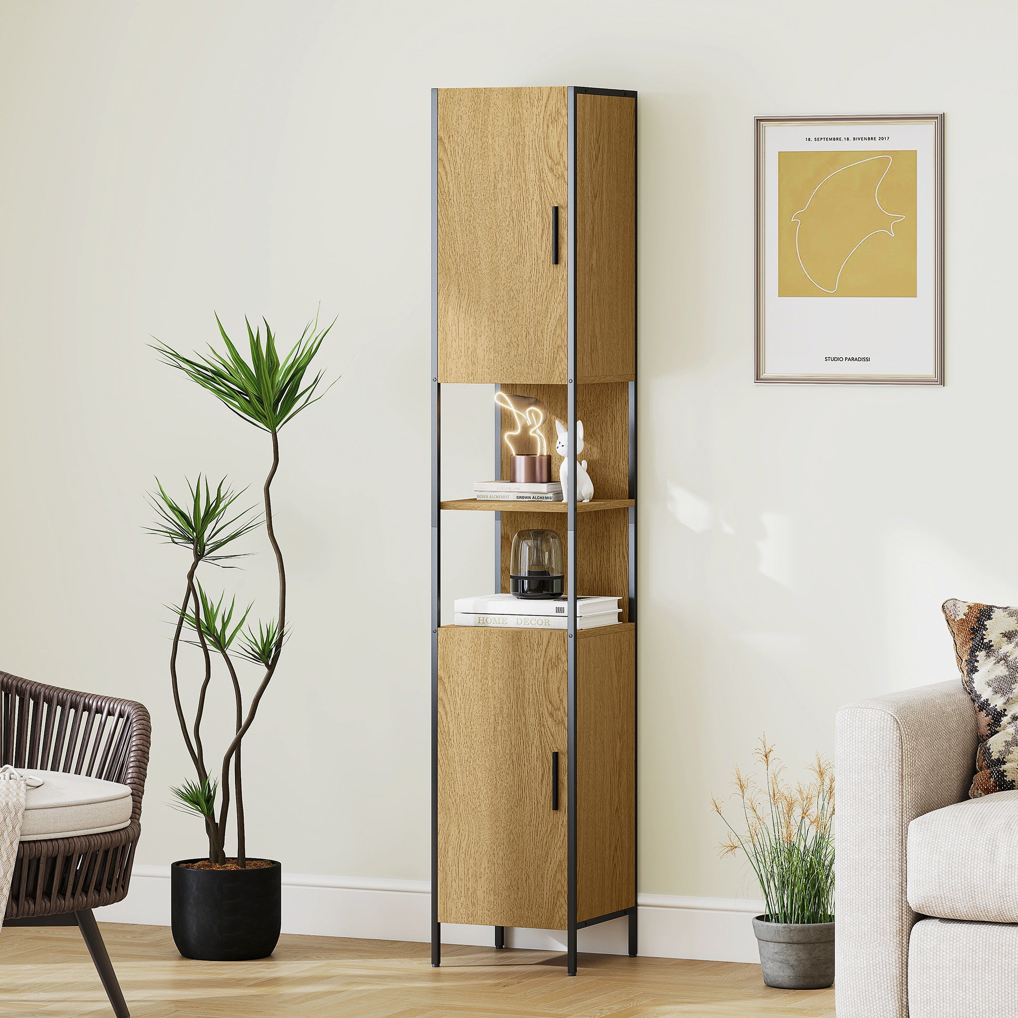 HOMCOM Tall Bathroom Cabinet with 2 Doors, Open Compartments and Adjustable Shelves - Natural Wood Finish