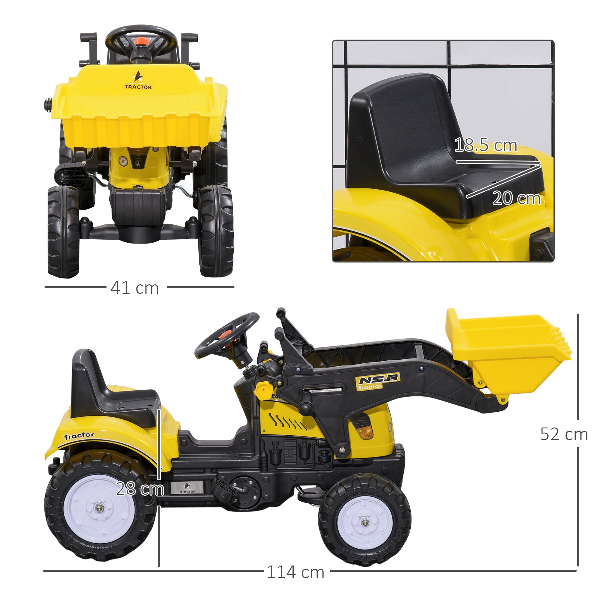 HOMCOM Pedal Go Kart Ride On Excavator W/ Front Loader Digger Four Wheels Child Toy, for 3 Years Old - North Peak Garden Furniture