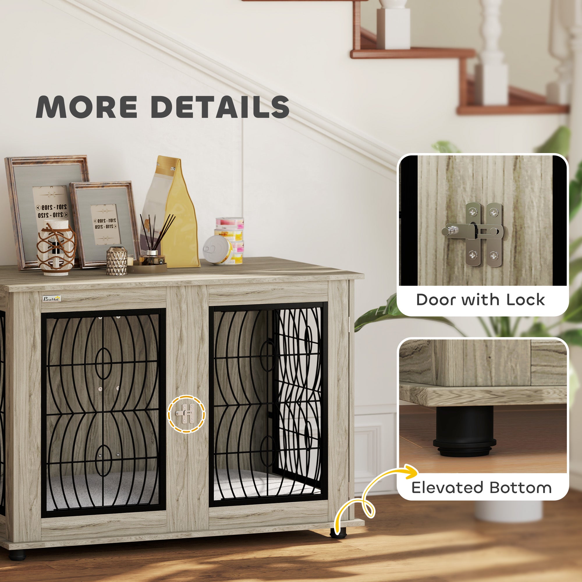 PawHut Indoor Dog Crate Furniture End Table with Soft Washable Cushion, Lockable Front Door, for Extra Large Dogs - Grey - North Peak Garden Furniture