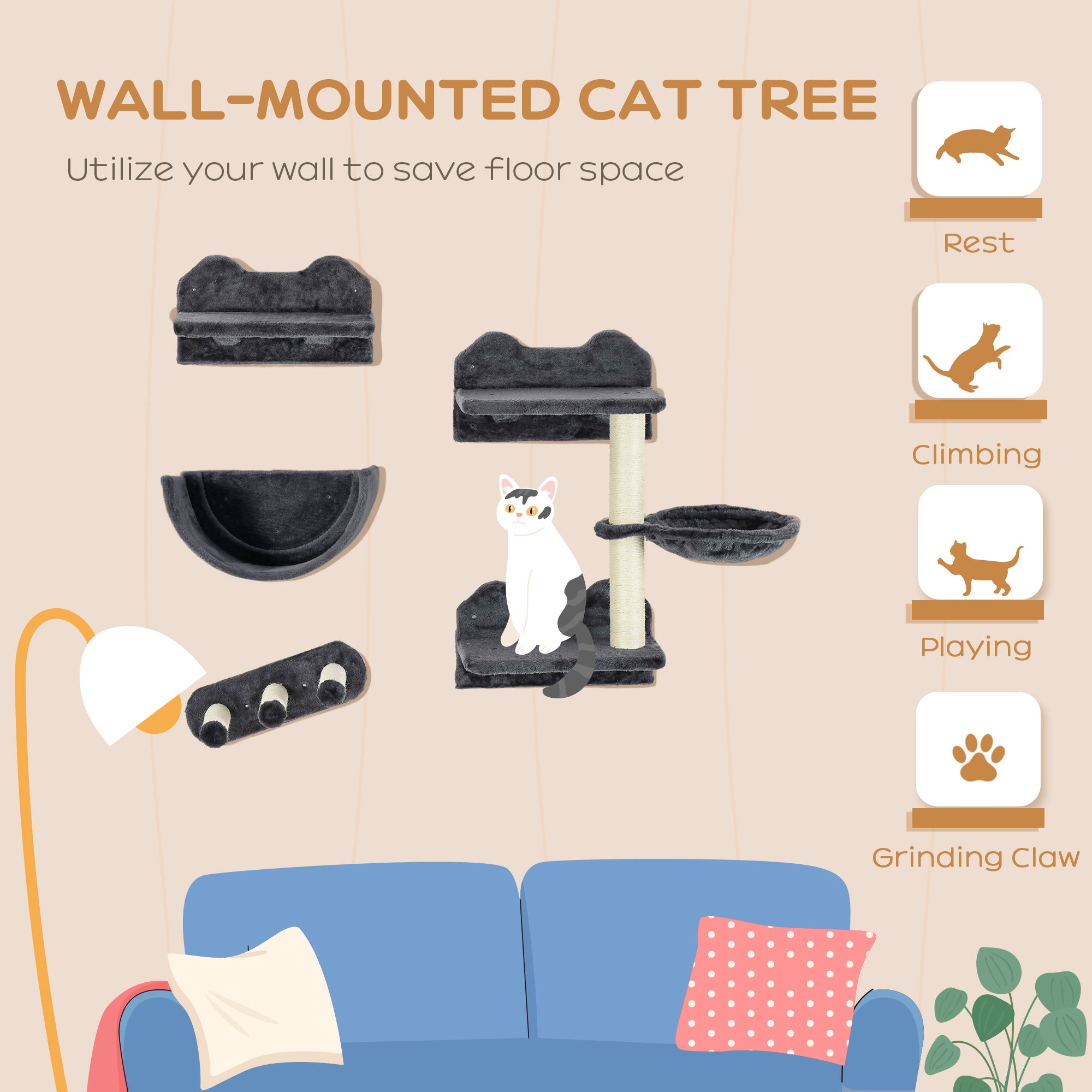 PawHut 4PCs Wall-Mounted Cat Shelves w/ Scratching Post, Hammock, Nest - Dark Grey - North Peak Garden Furniture