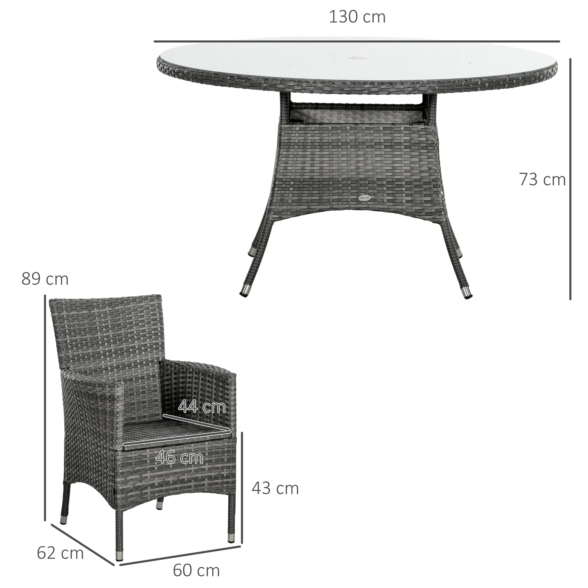 Outsunny Seven-Piece Rattan Dining Table, with Round Glass-Top Table