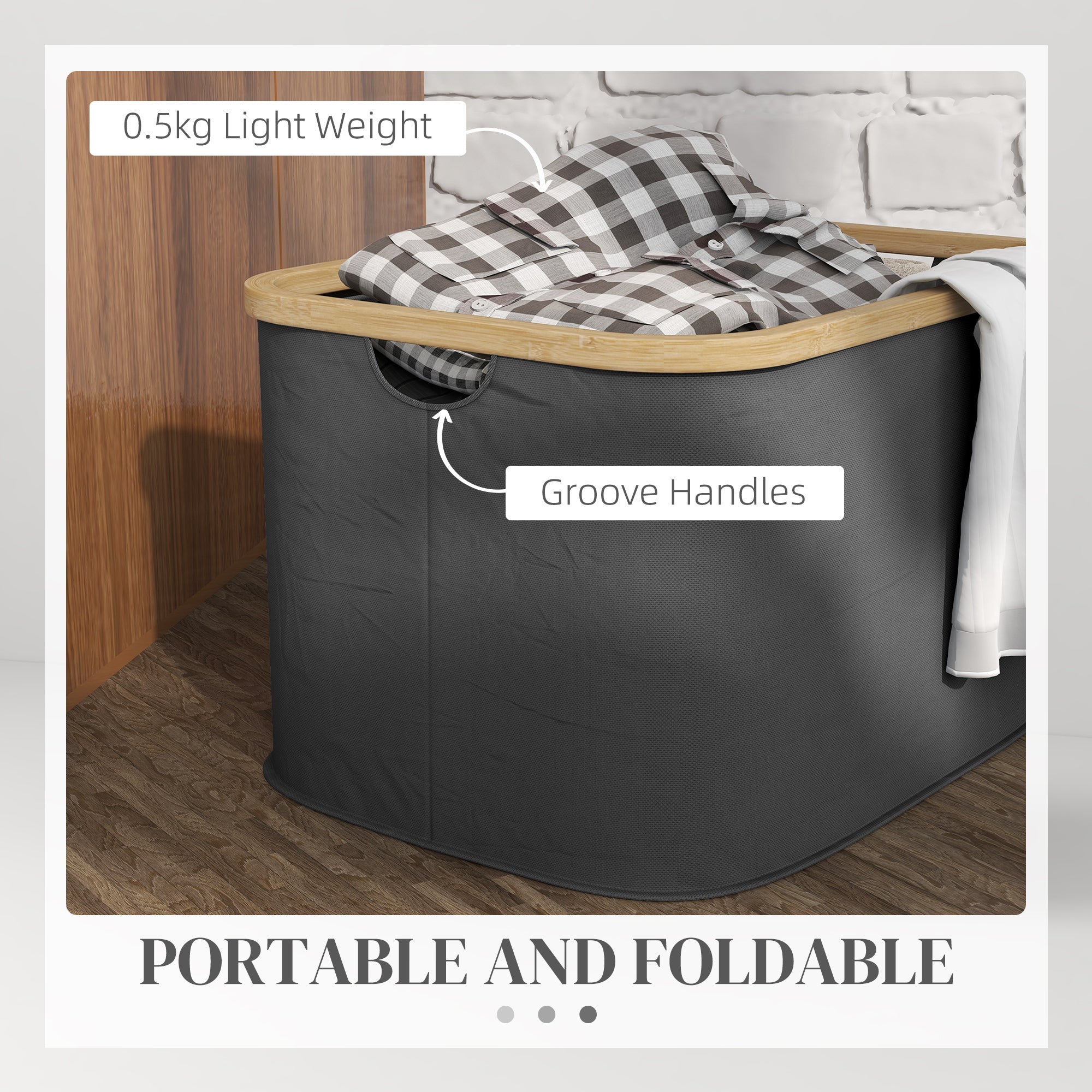 HOMCOM 36L Foldable Laundry Basket, with Bamboo Top - Black - North Peak Garden Furniture