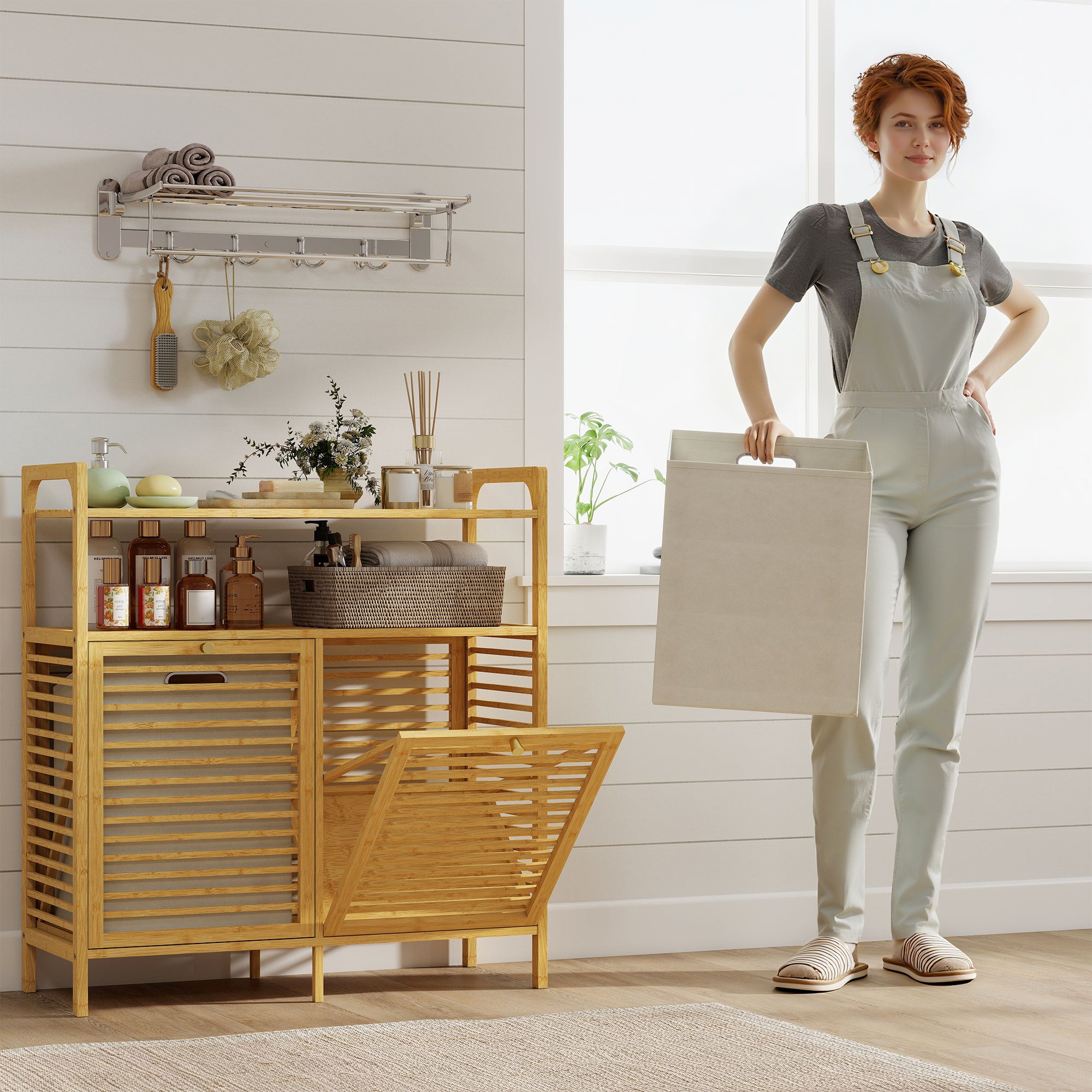 HOMCOM Double Tilt Out Bamboo Laundry Cabinet, Freestanding Bathroom Cabinet with 2 Removable Baskets, Natural