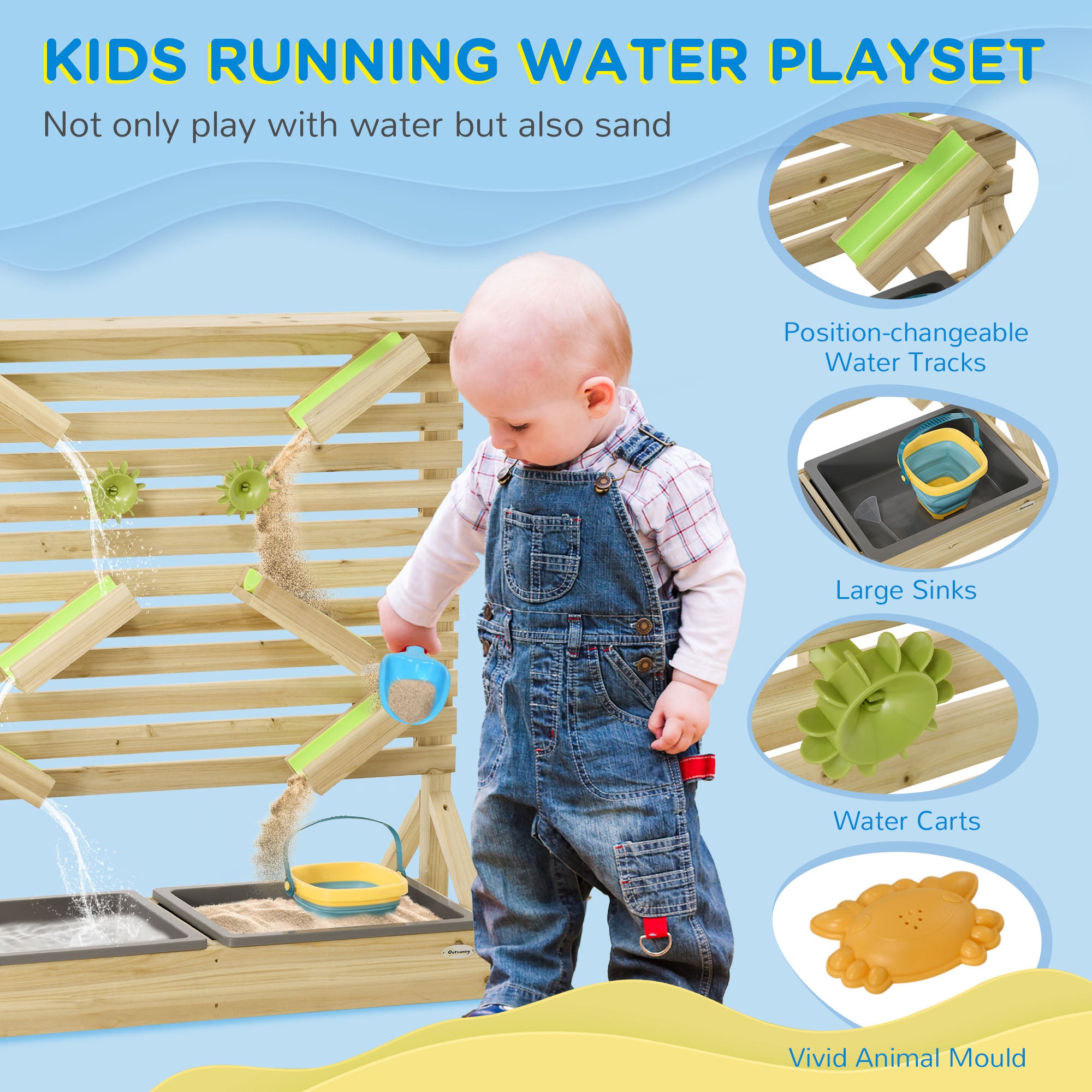 Outsunny Outdoor Kids Running Water and Sand Playset, with 18 Accessories - North Peak Garden Furniture