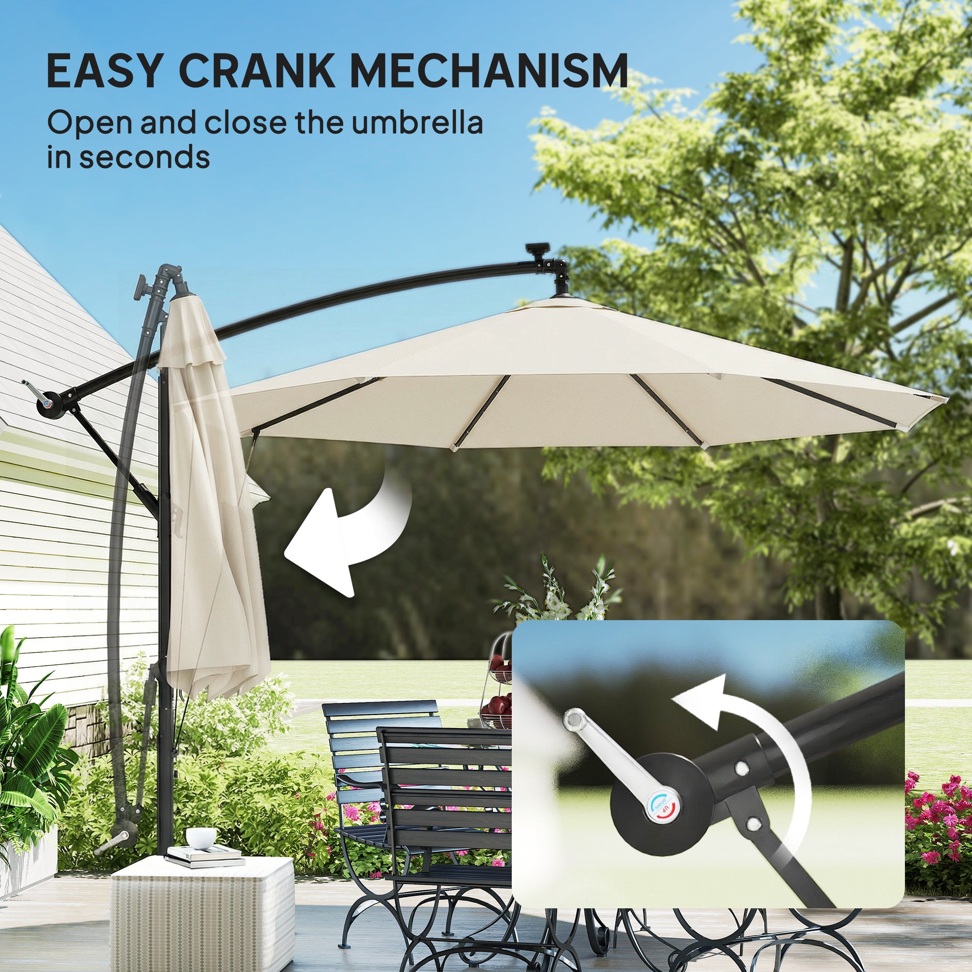 Outsunny 3 m Cantilever Parasol with Solar LED Lights Garden Umbrella with Cross Base, Cream White