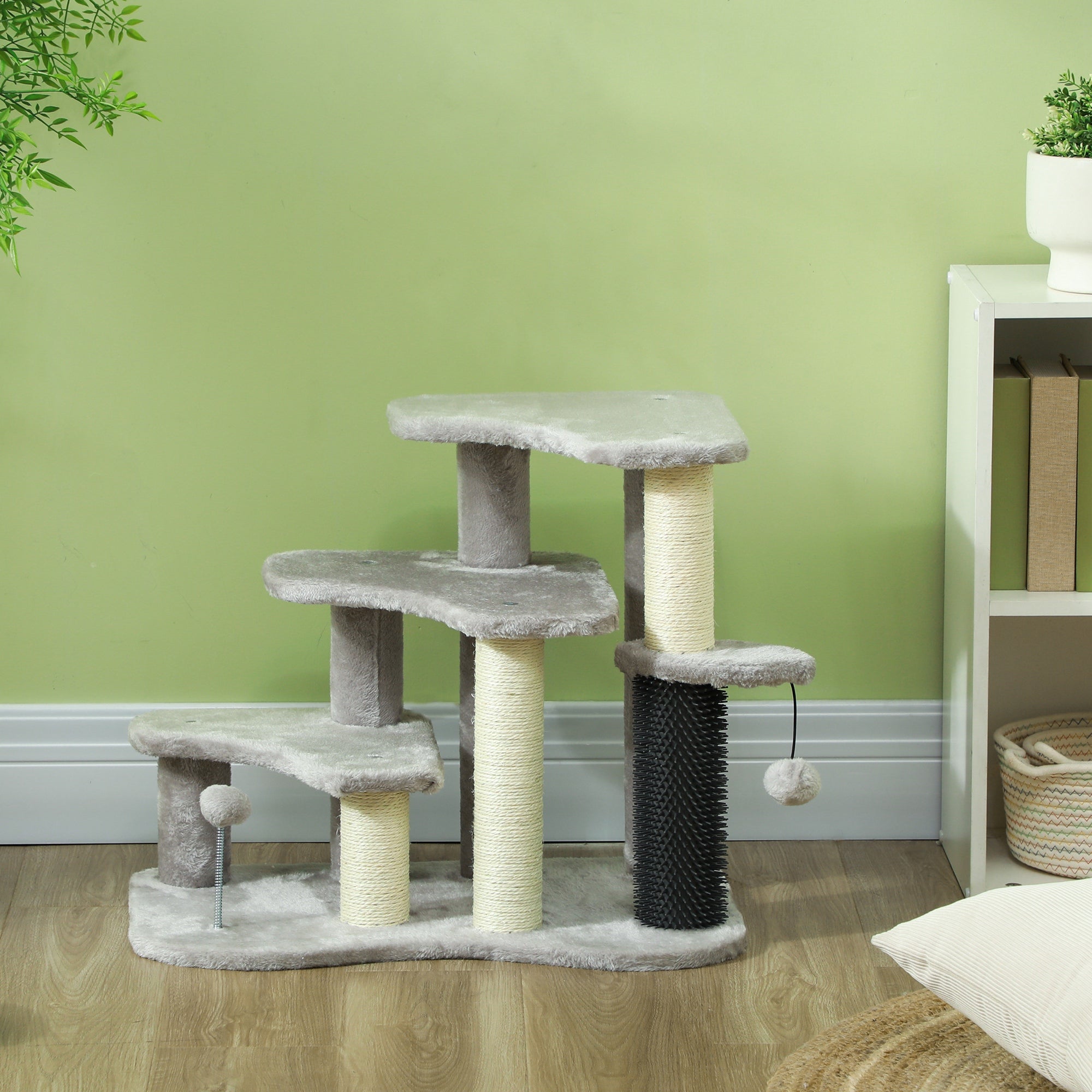 PawHut 2-in-1 Cat Tree, Pet Stairs w/ Scratching Post, Toy Balls, for Bed, Sofa, Couch, Light Grey