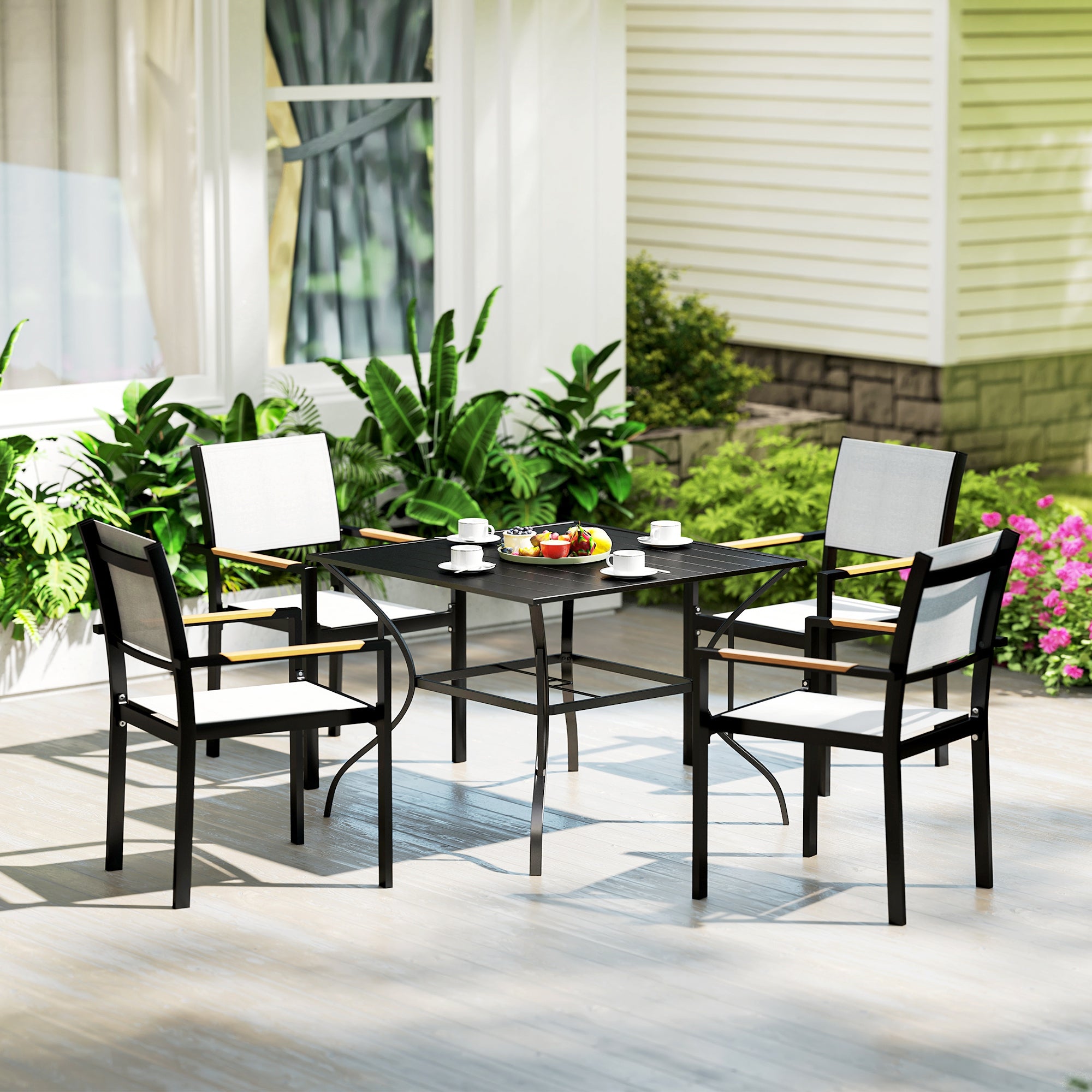 Outsunny 94 x 94 cm Garden Table with Parasol Hole, Outdoor Dining Garden Table for Four with Slatted Metal Plate Top, Black - North Peak Garden Furniture