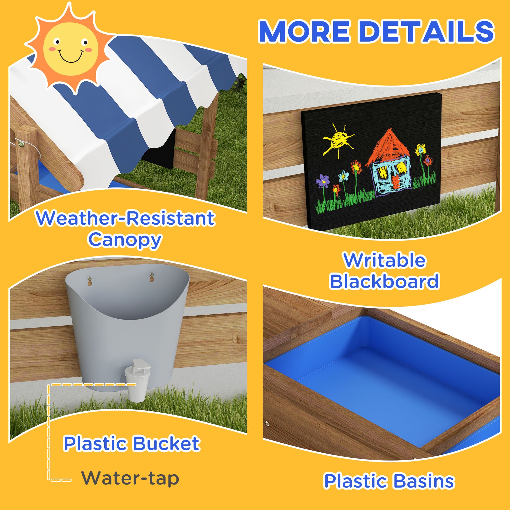 Outsunny House-Designed Wooden Sandbox, Outdoor Sandpit, with Blackboard, Toys, Sink, Seats, Flags, for Ages 3-7 Years - Brown - North Peak Garden Furniture